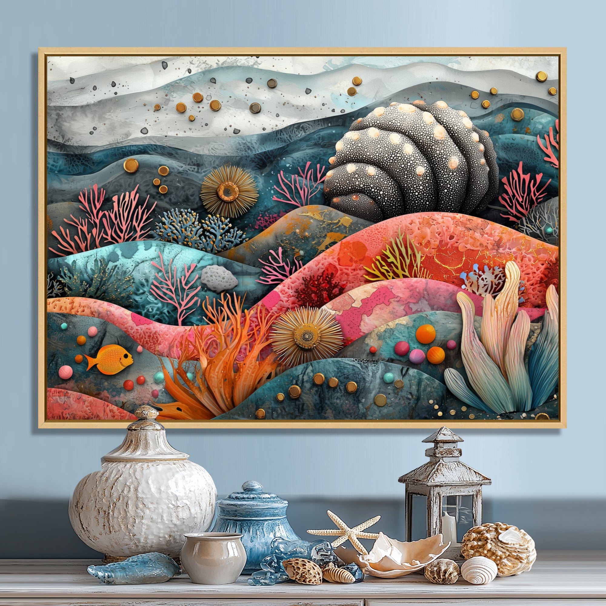 Abstract Aquarium Sea Urchin And Coral Horizon - Sea Urchin Large Canvas Wall Art