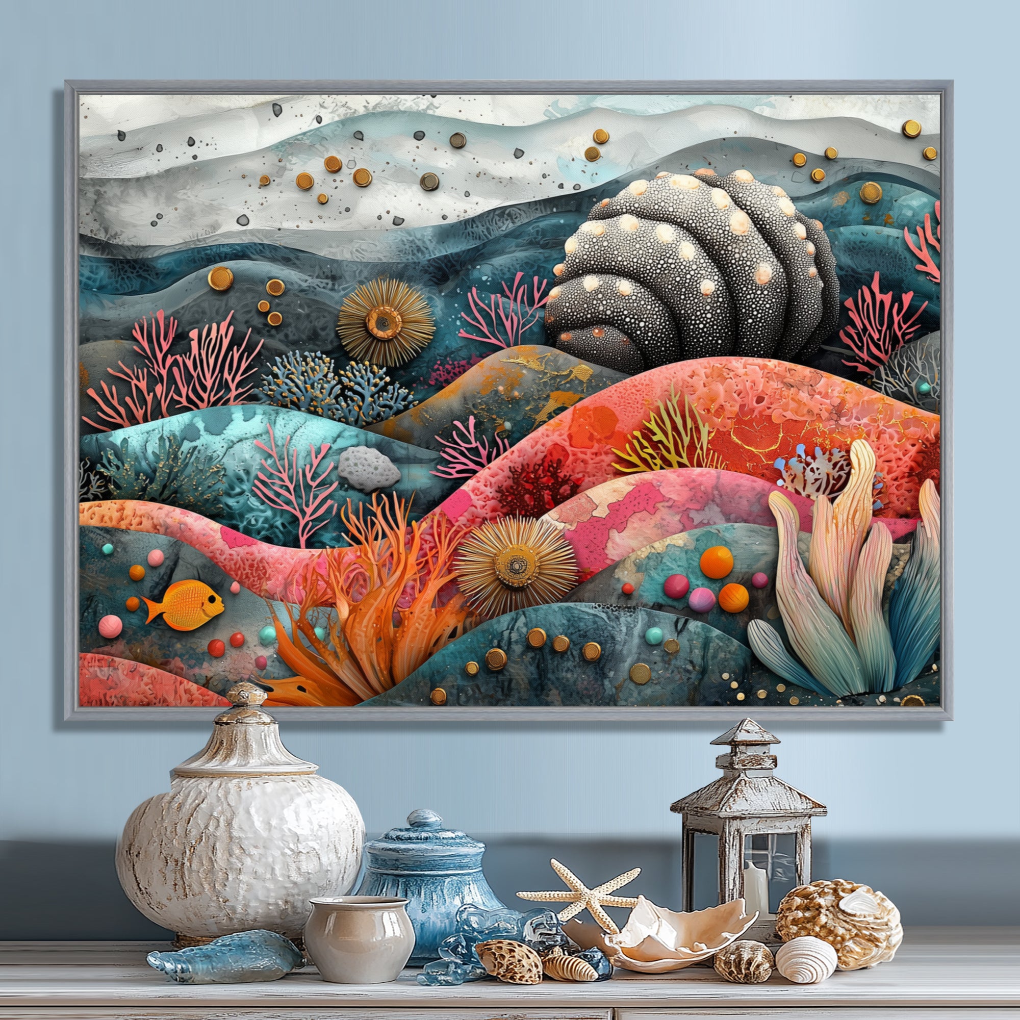 Abstract Aquarium Sea Urchin And Coral Horizon - Sea Urchin Large Canvas Wall Art