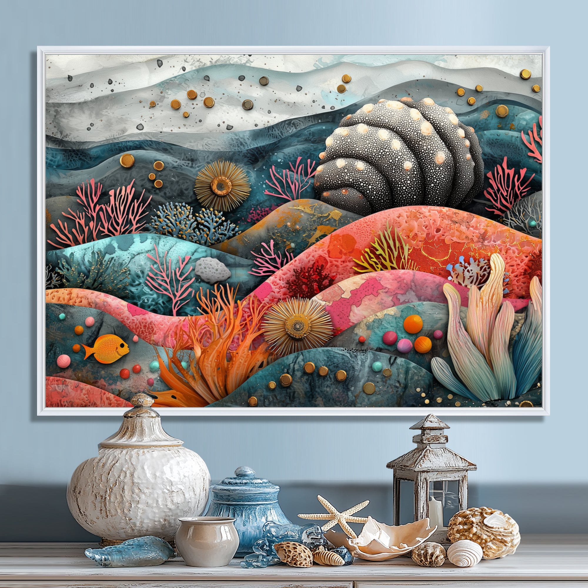 Abstract Aquarium Sea Urchin And Coral Horizon - Sea Urchin Large Canvas Wall Art