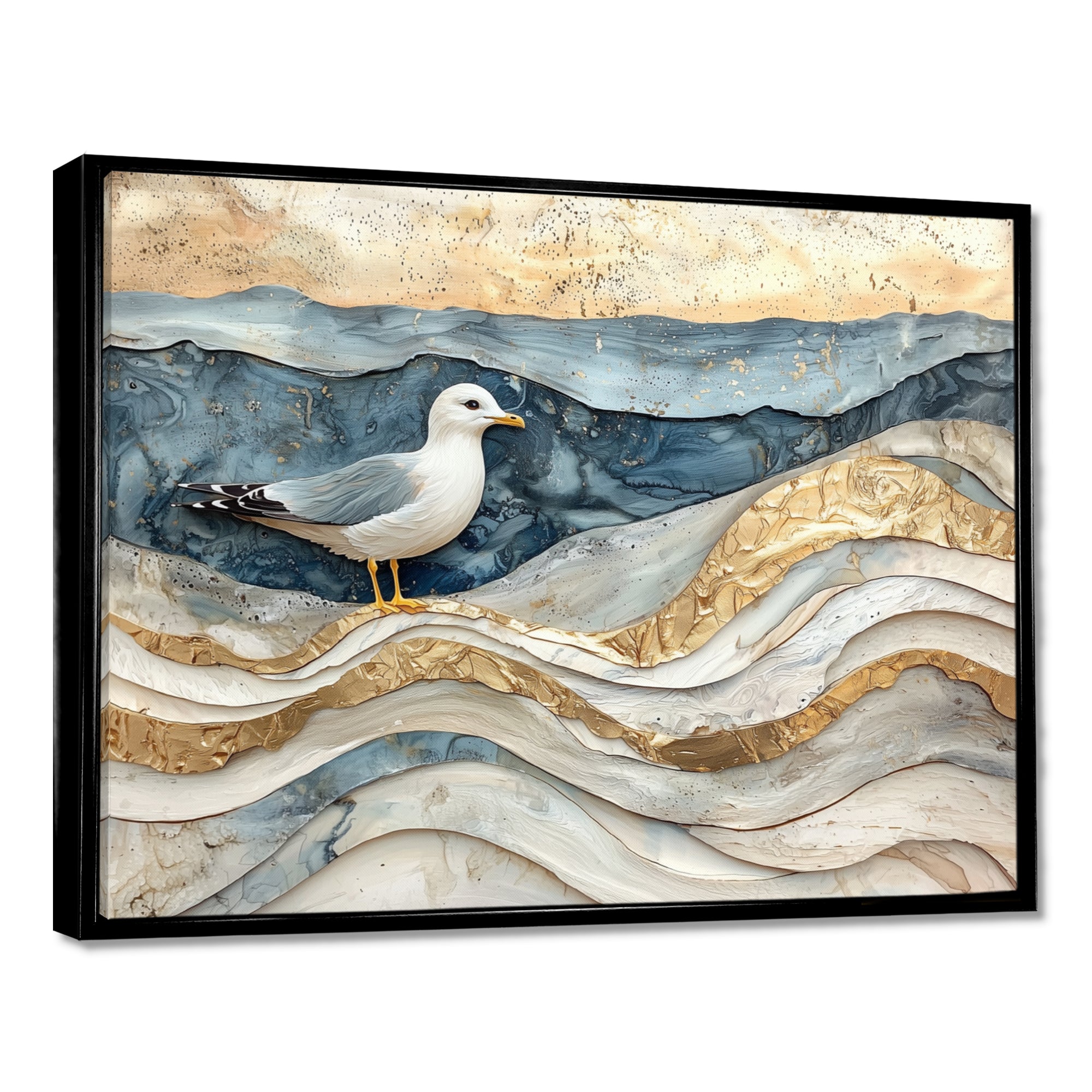 Modern Marble Seagull On Beach - Seagull Framed Canvas Art