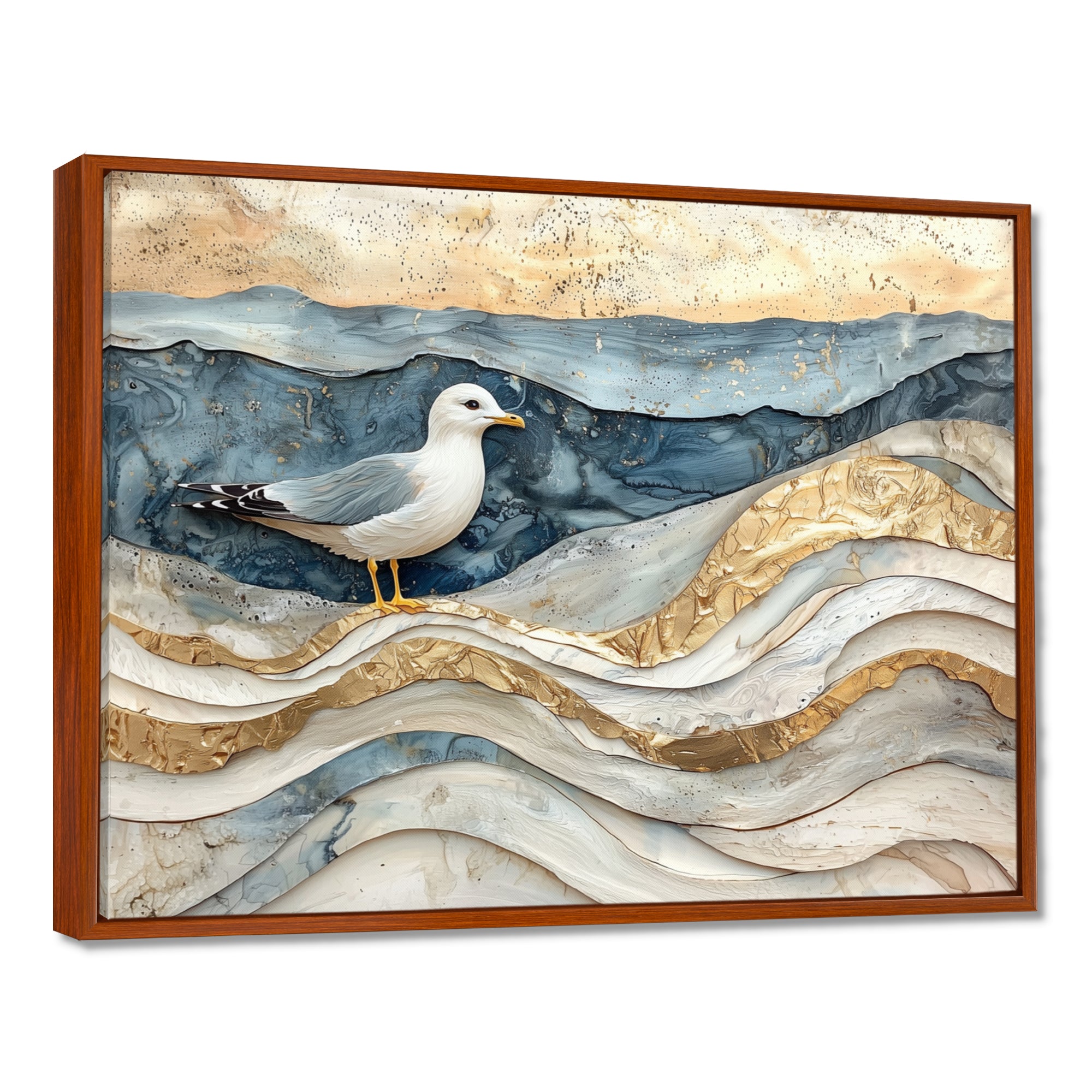 Modern Marble Seagull On Beach - Seagull Framed Canvas Art
