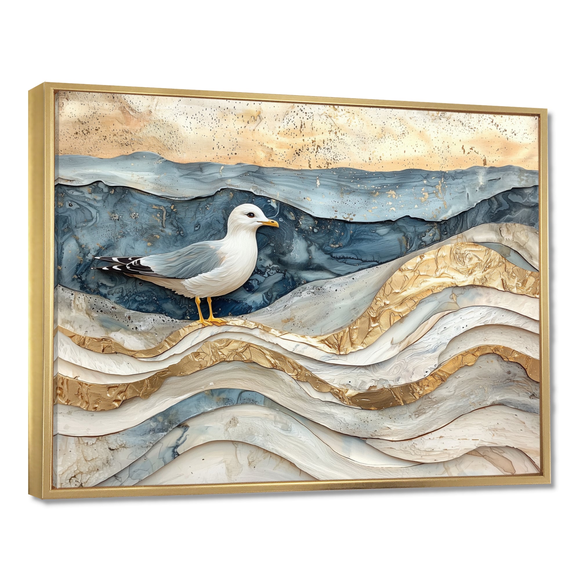 Modern Marble Seagull On Beach - Seagull Framed Canvas Art