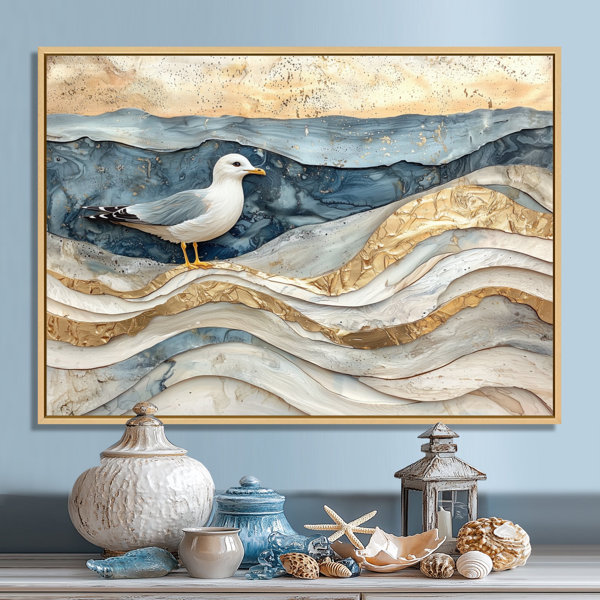 Modern Marble Seagull On Beach - Seagull Framed Canvas Art