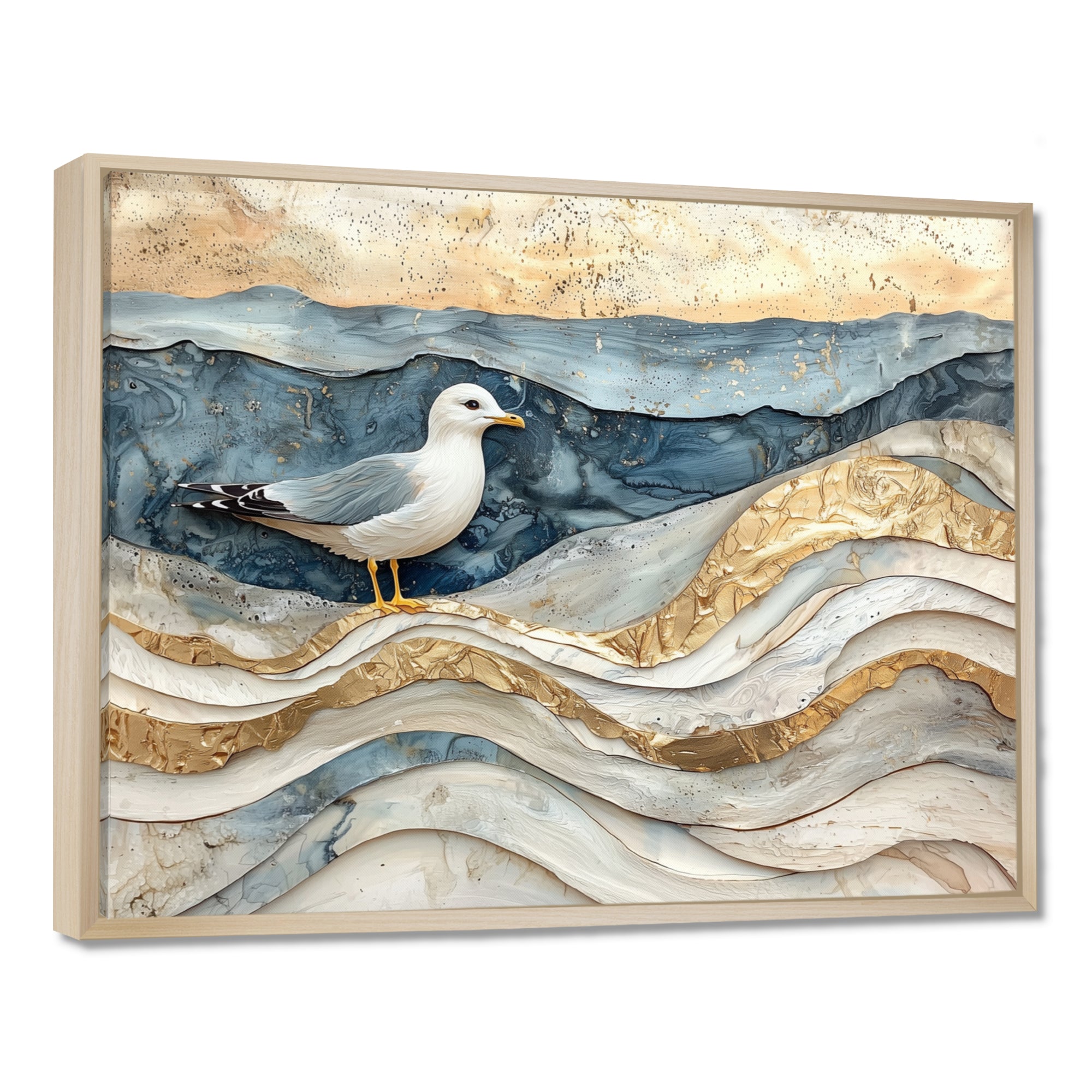 Modern Marble Seagull On Beach - Seagull Framed Canvas Art