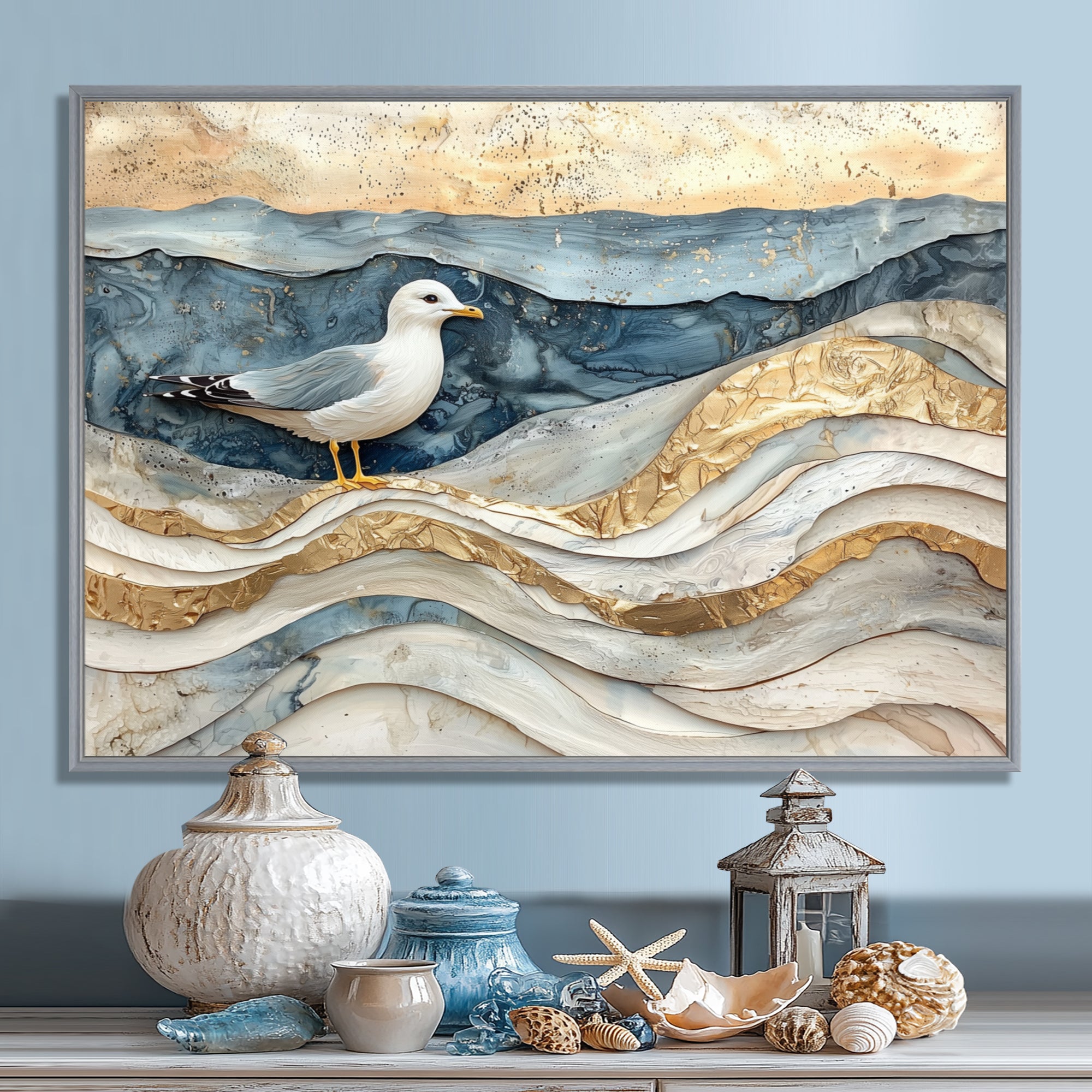 Modern Marble Seagull On Beach - Seagull Framed Canvas Art