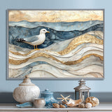 Modern Marble Seagull On Beach - Seagull Framed Canvas Art