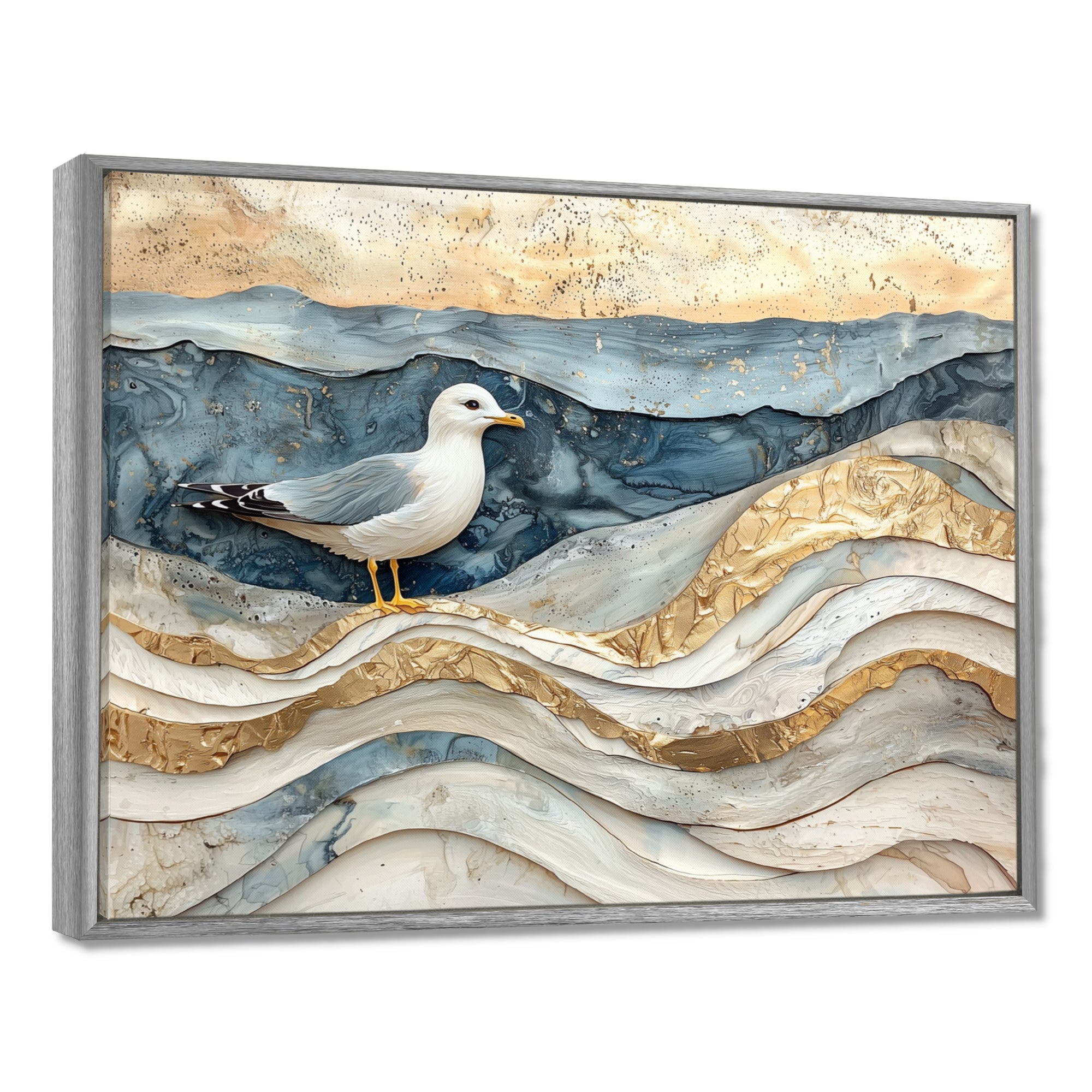 Modern Marble Seagull On Beach - Seagull Framed Canvas Art