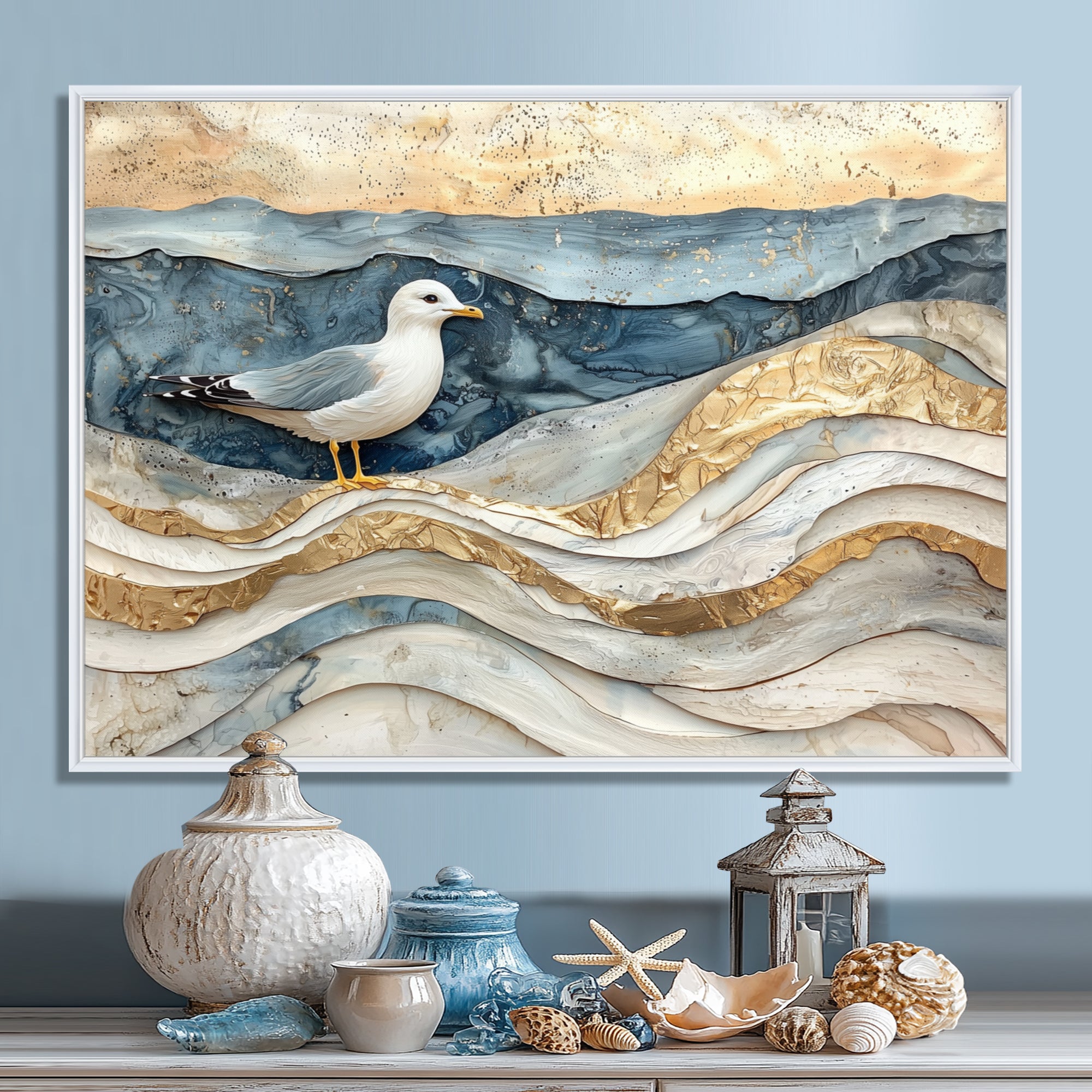 Modern Marble Seagull On Beach - Seagull Framed Canvas Art