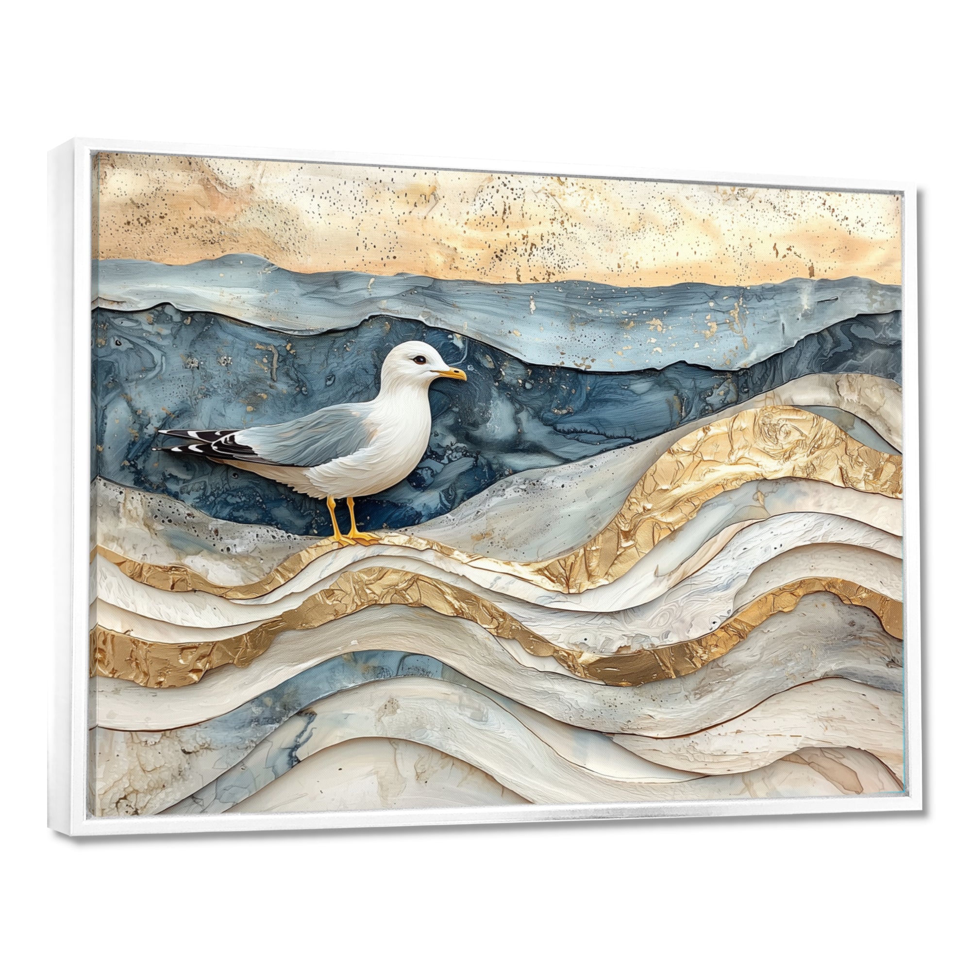 Modern Marble Seagull On Beach - Seagull Framed Canvas Art