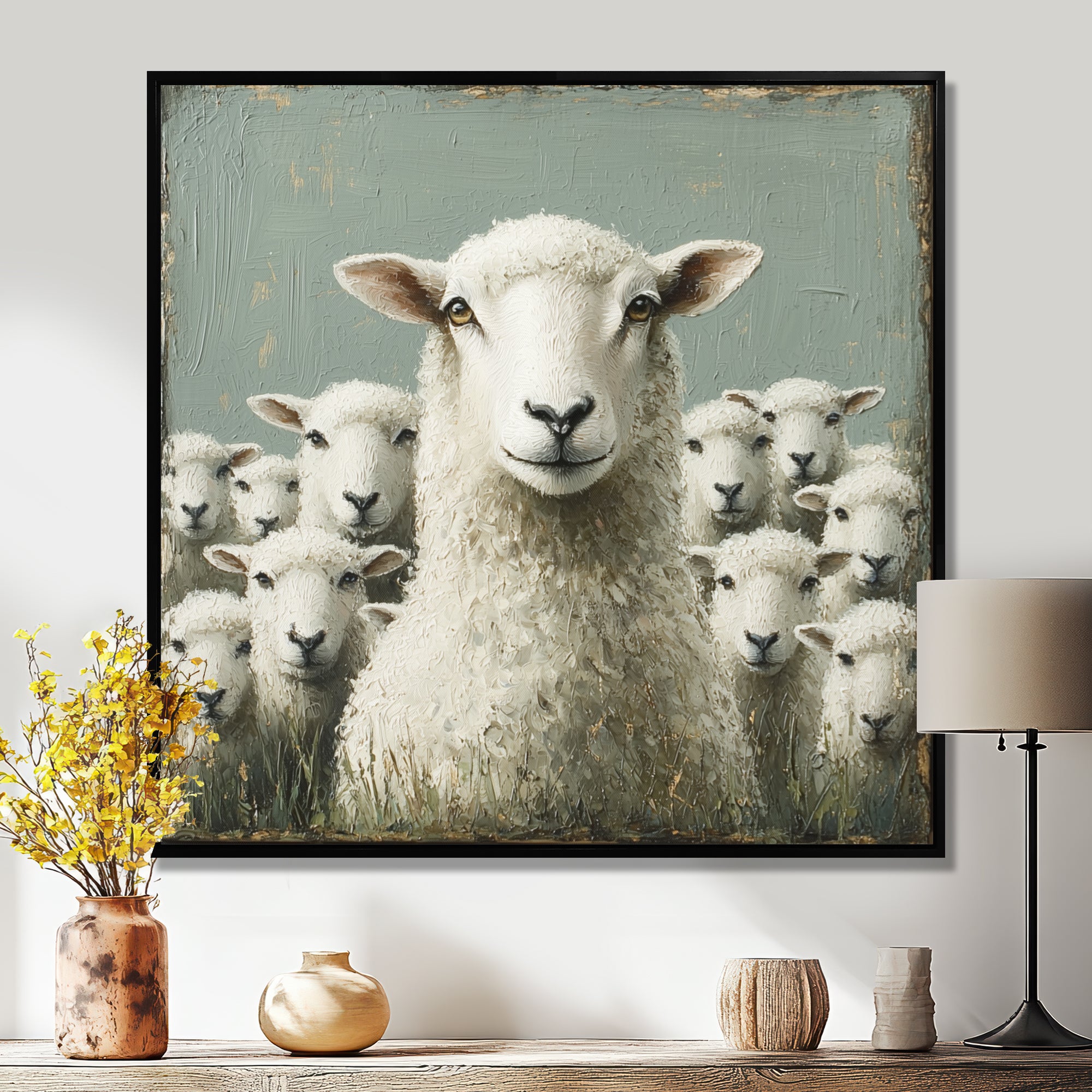 Minimalism Ewes Gaze Of Sheep Family Portrait - Sheep Canvas Wall Art