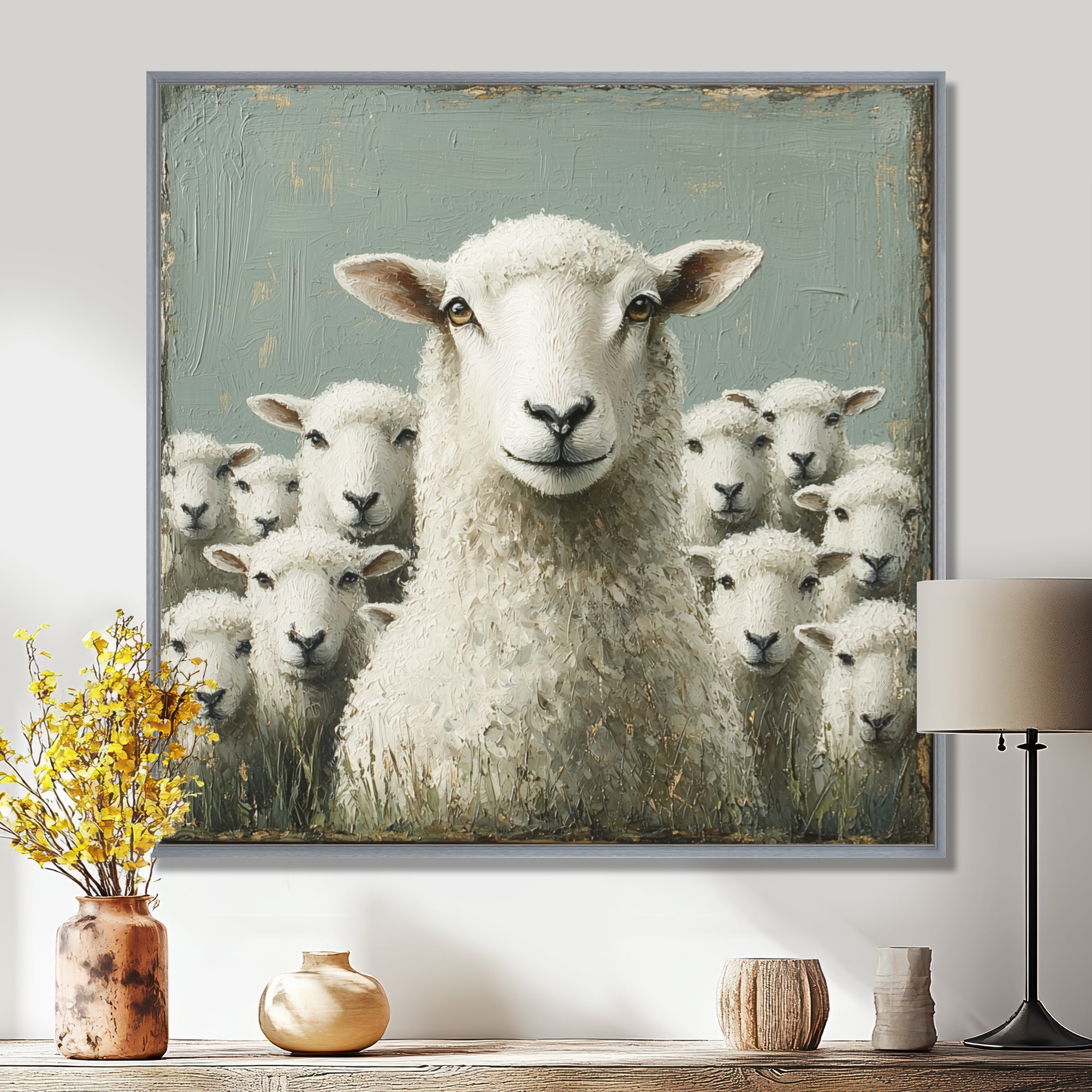 Minimalism Ewes Gaze Of Sheep Family Portrait - Sheep Canvas Wall Art