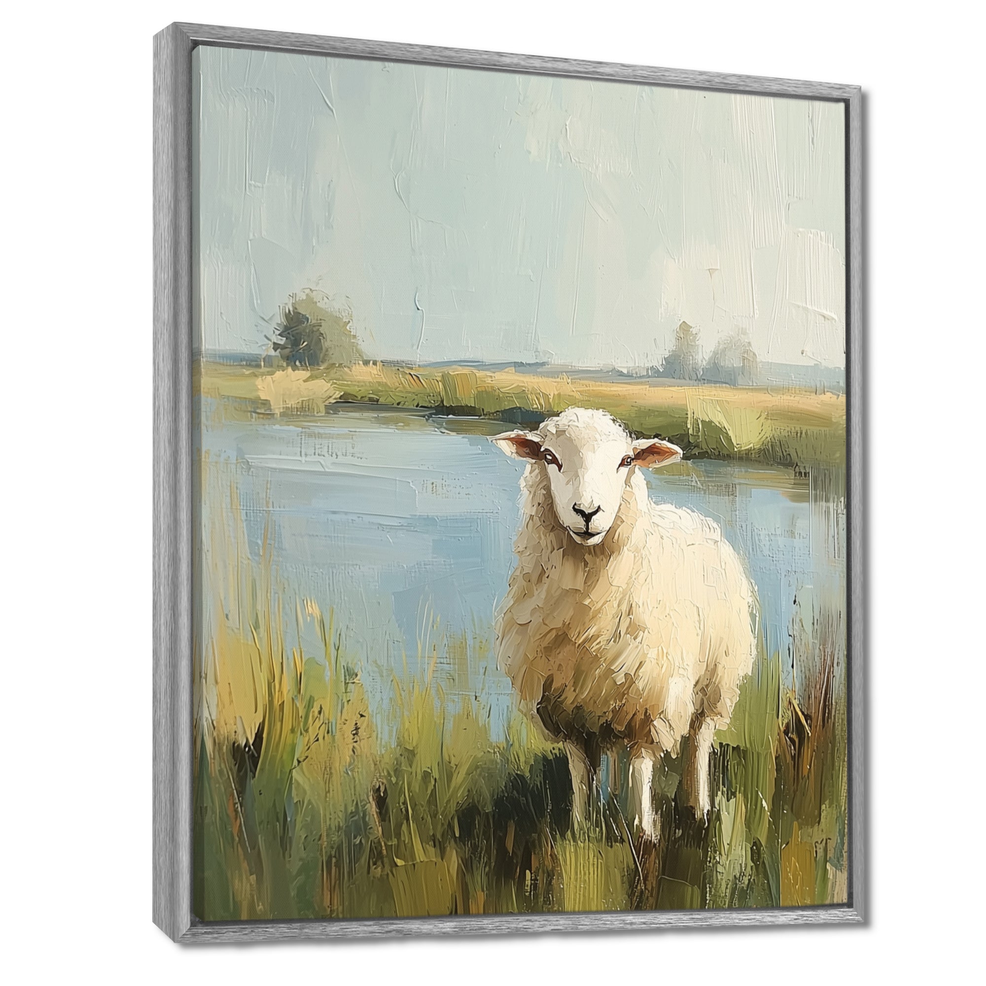 Sheep By The Pond With Gentle Breeze - Sheep Wall Art Prints