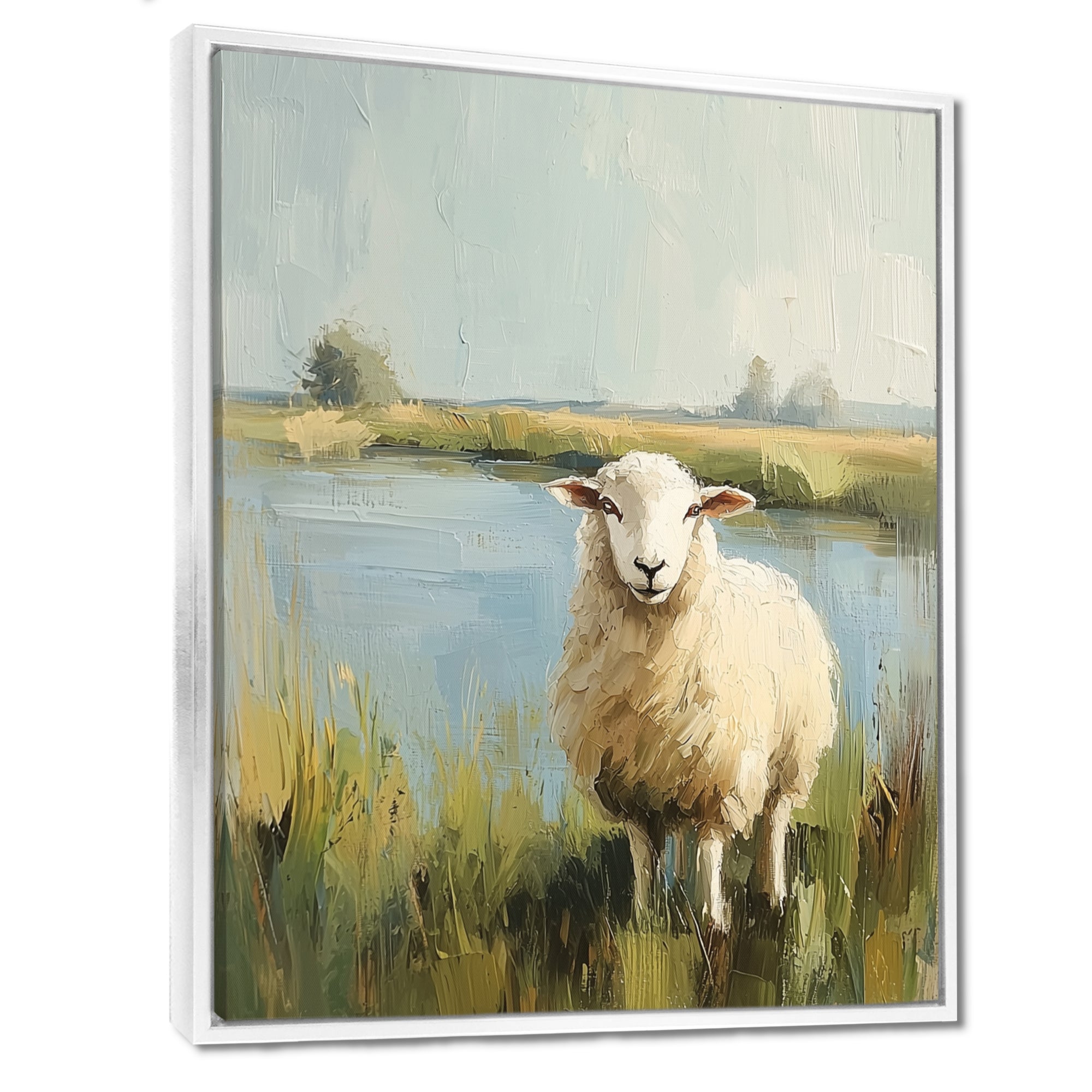 Sheep By The Pond With Gentle Breeze - Sheep Wall Art Prints