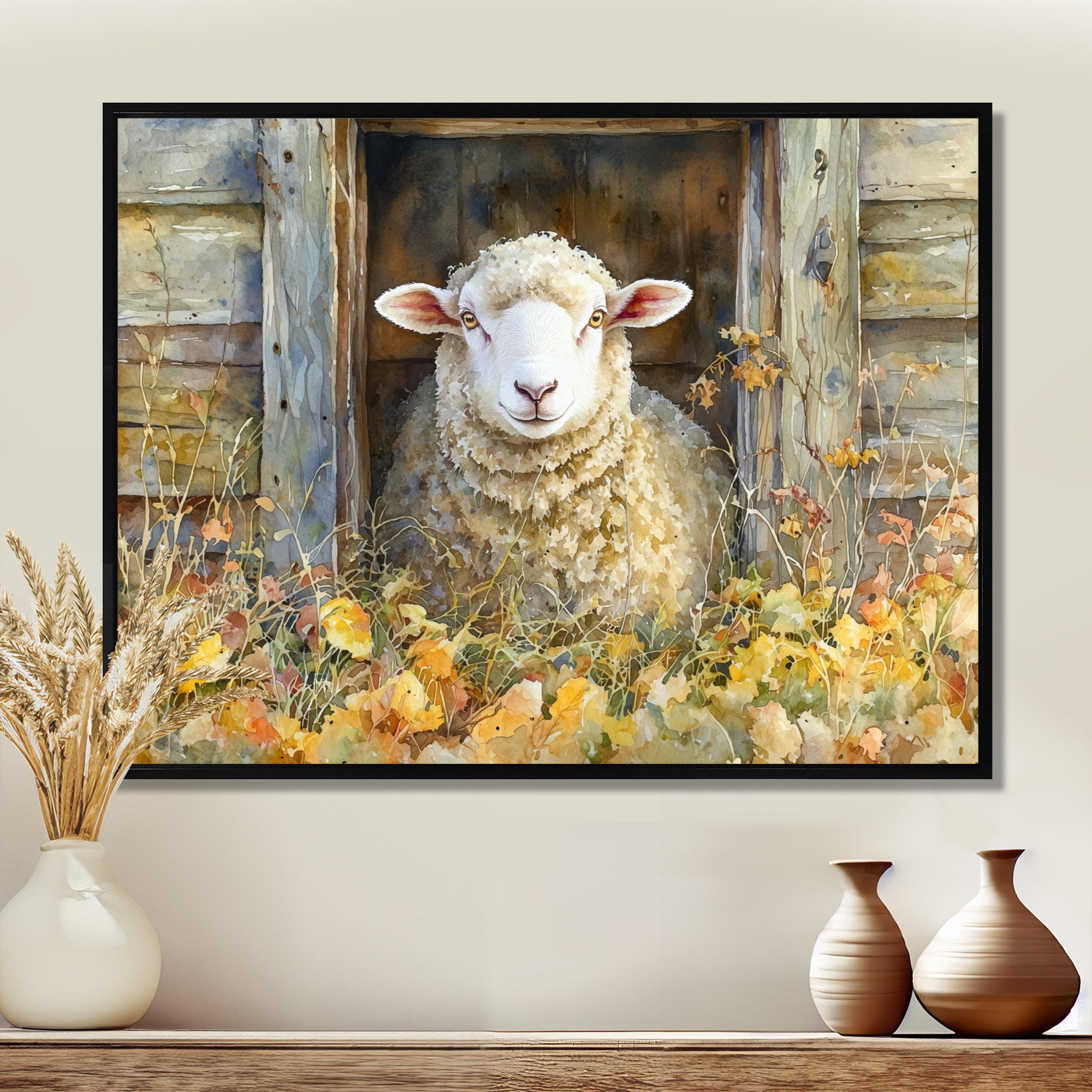 Sheep Floral Portrait At The Barn - Sheep Bedroom Wall Art