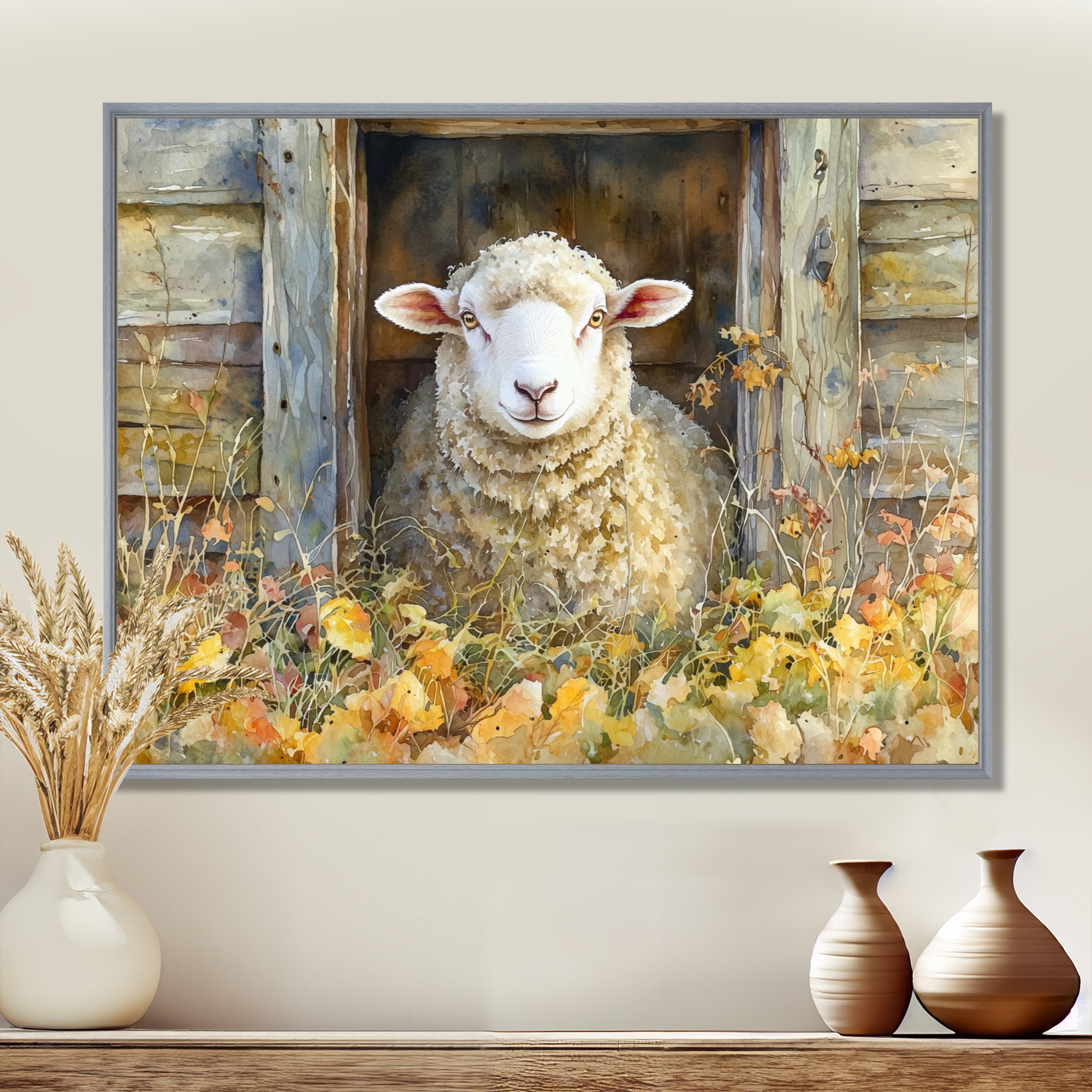 Sheep Floral Portrait At The Barn - Sheep Bedroom Wall Art