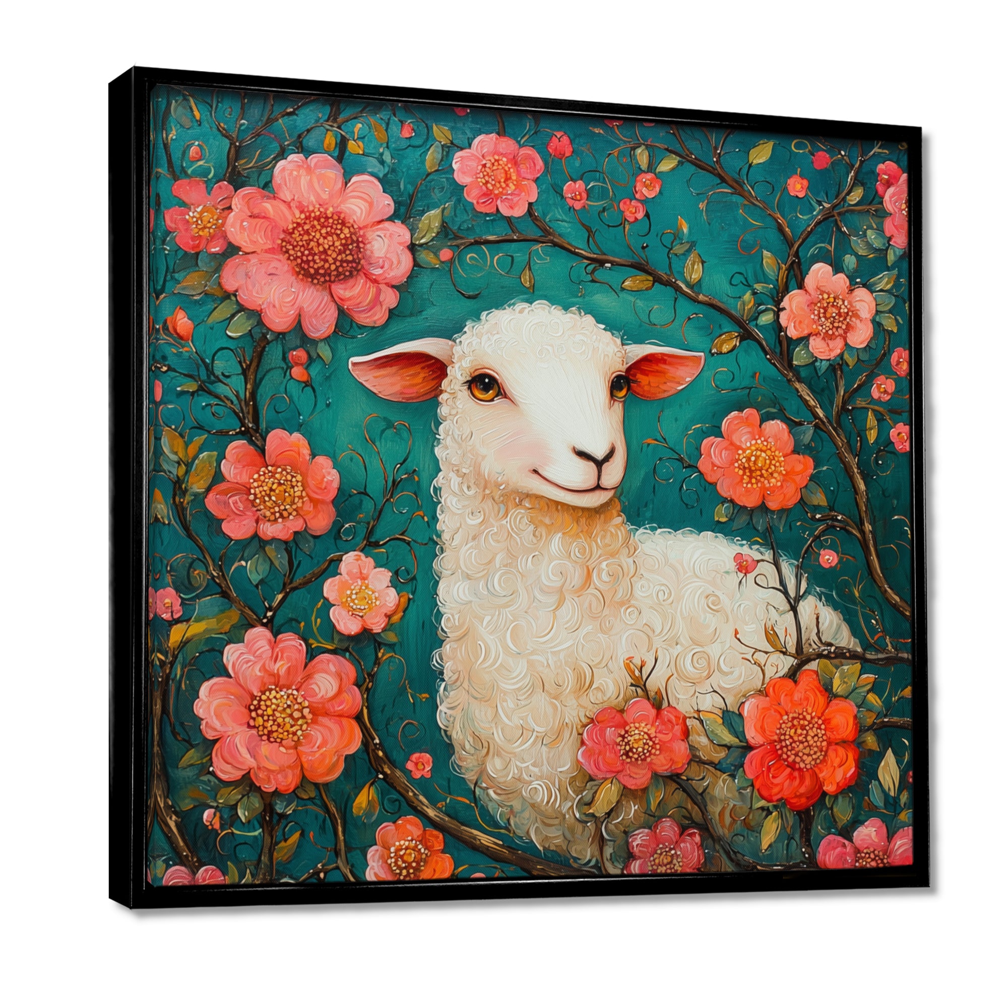 Cute Sheep In Bloom - Sheep Canvas Wall Art