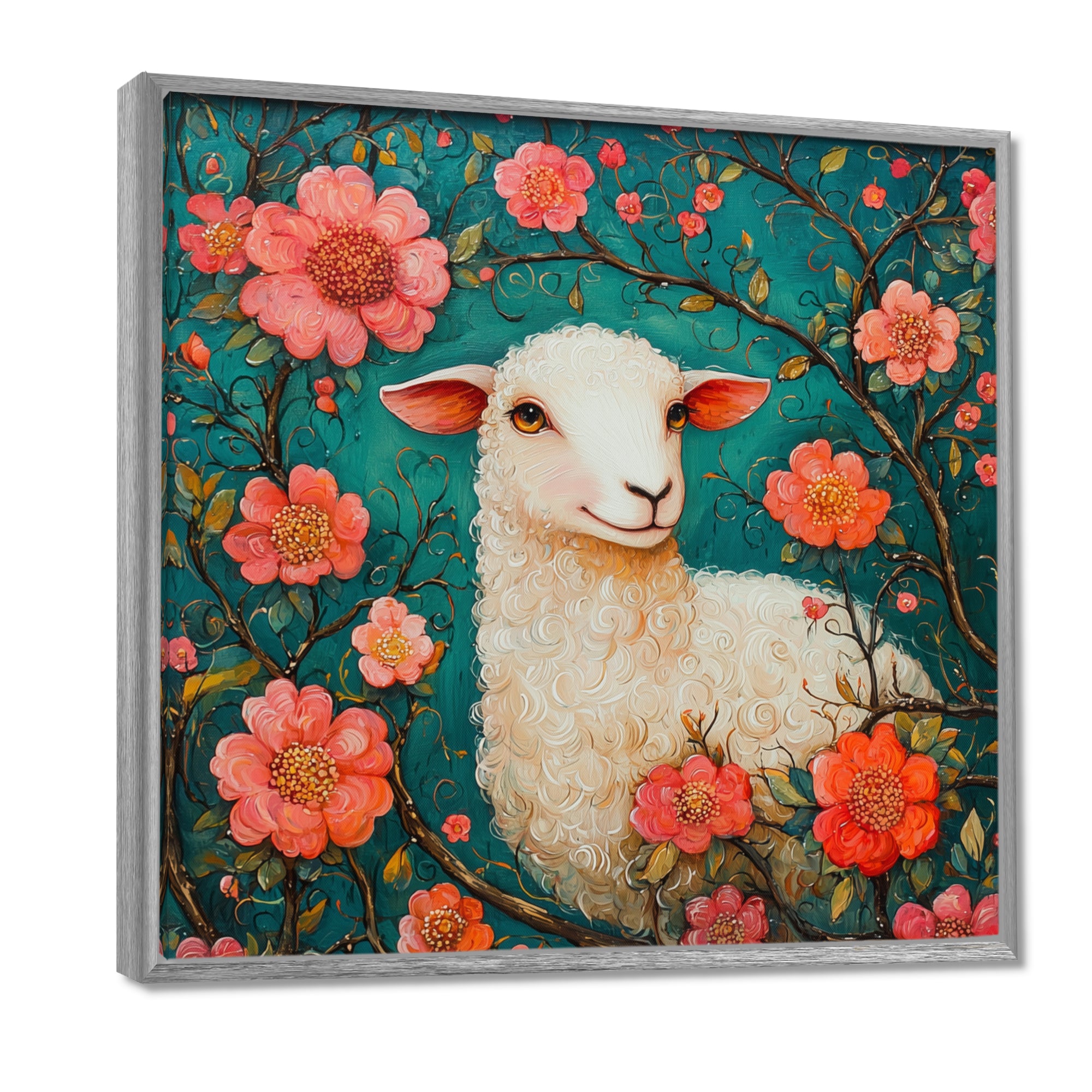 Cute Sheep In Bloom - Sheep Canvas Wall Art