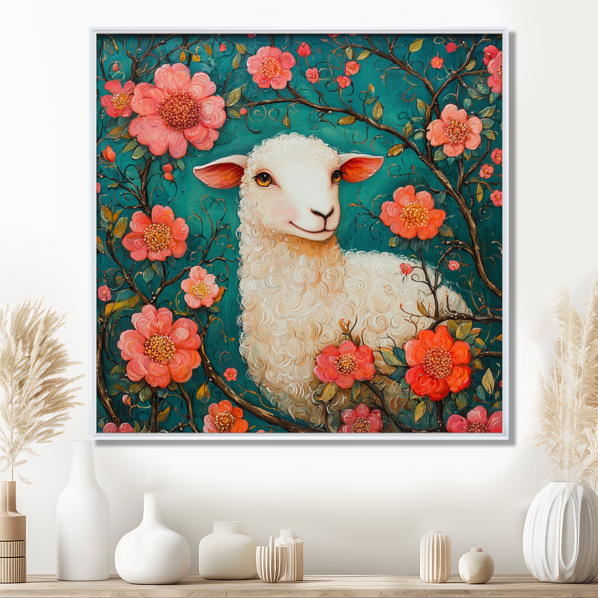 Cute Sheep In Bloom - Sheep Canvas Wall Art