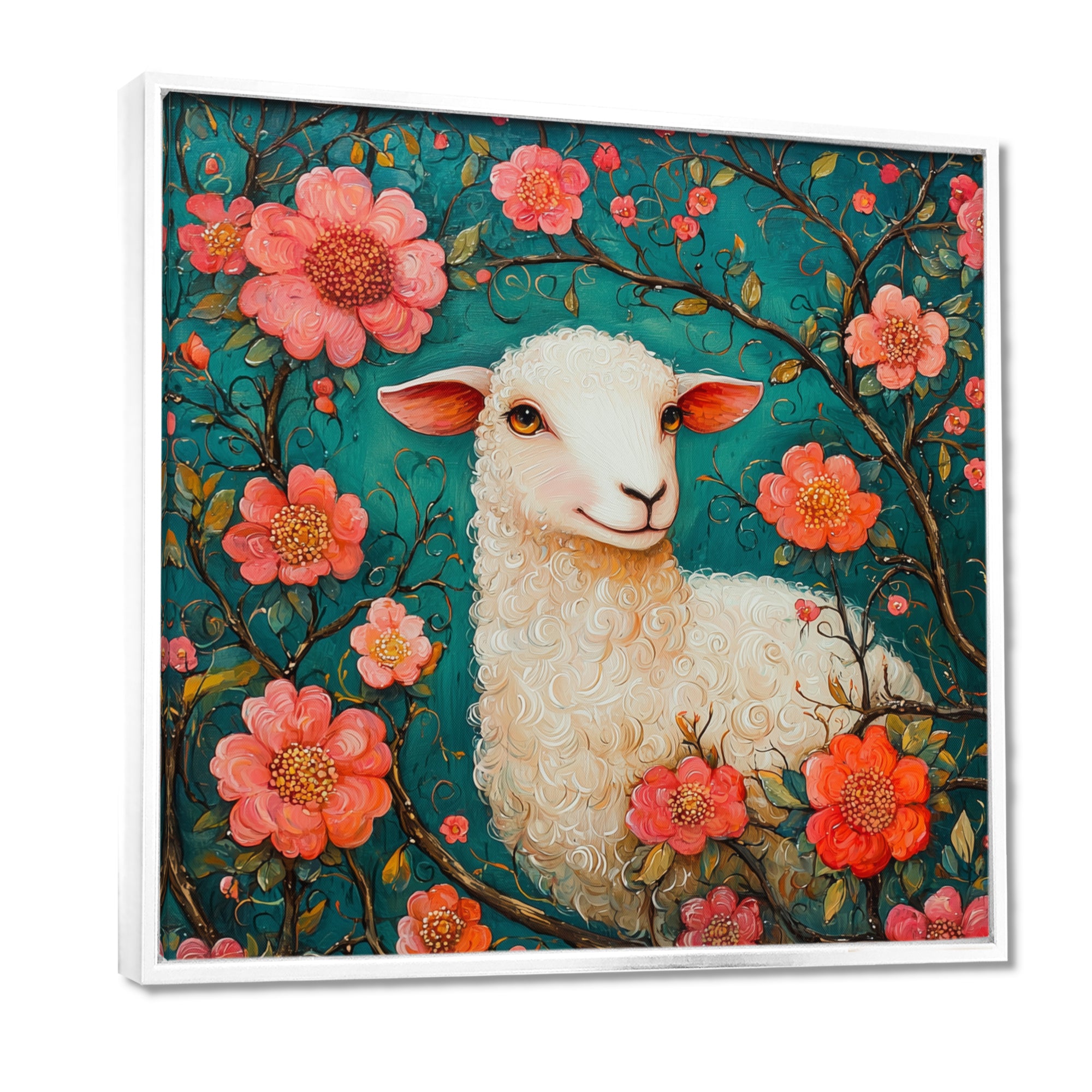 Cute Sheep In Bloom - Sheep Canvas Wall Art