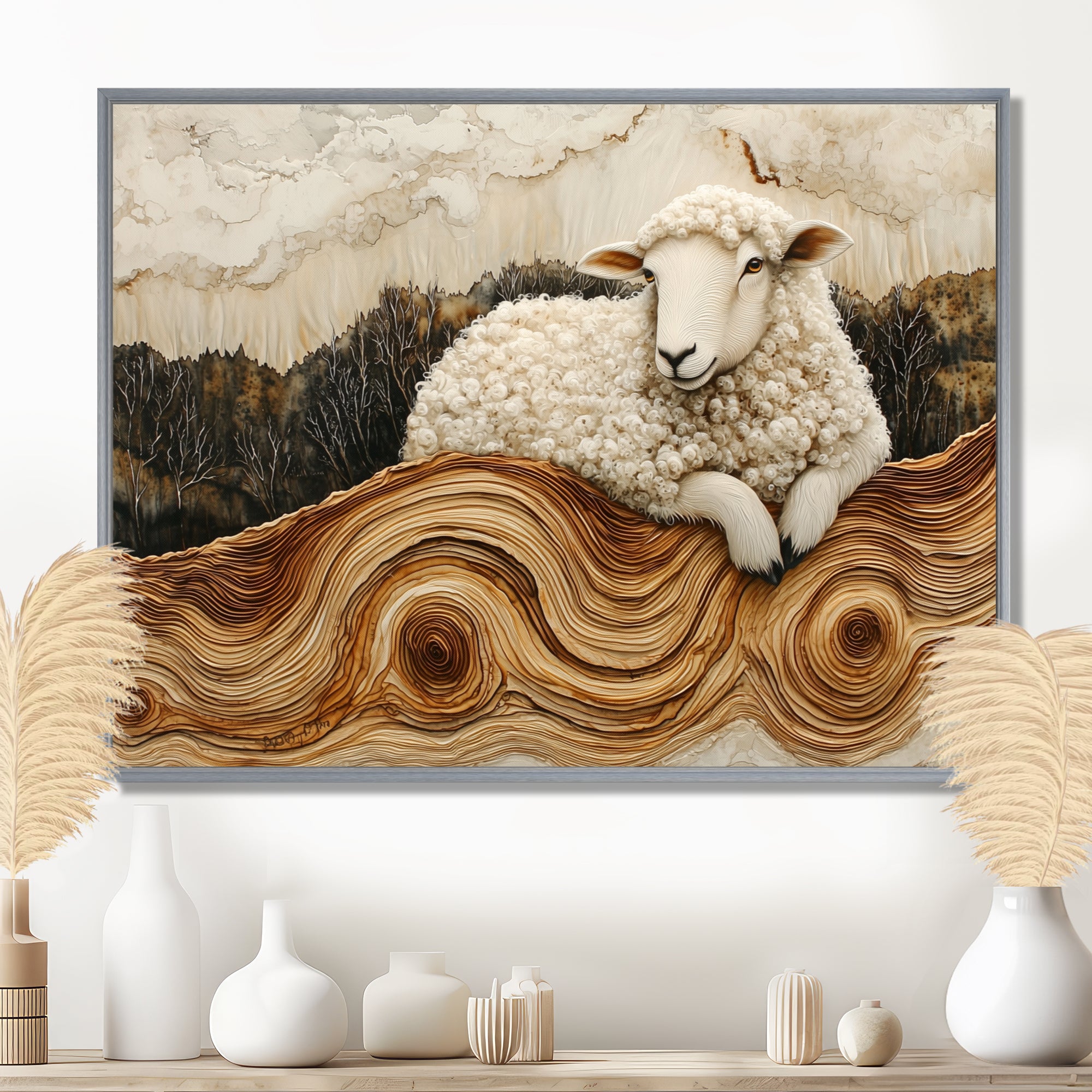 Abstract Sheep In Farm Landscape - Sheep Wall Art Prints