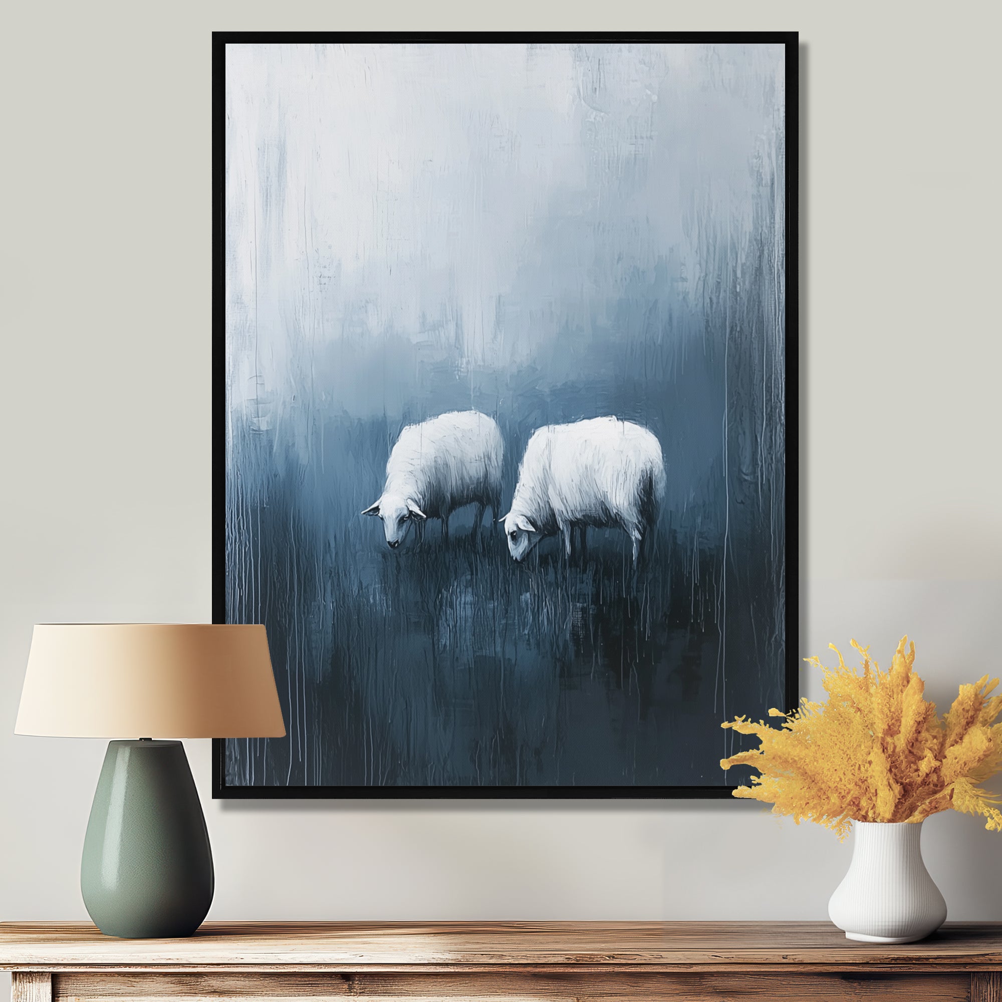 Minimalism Sheep In The Rain - White Sheep Wall Art