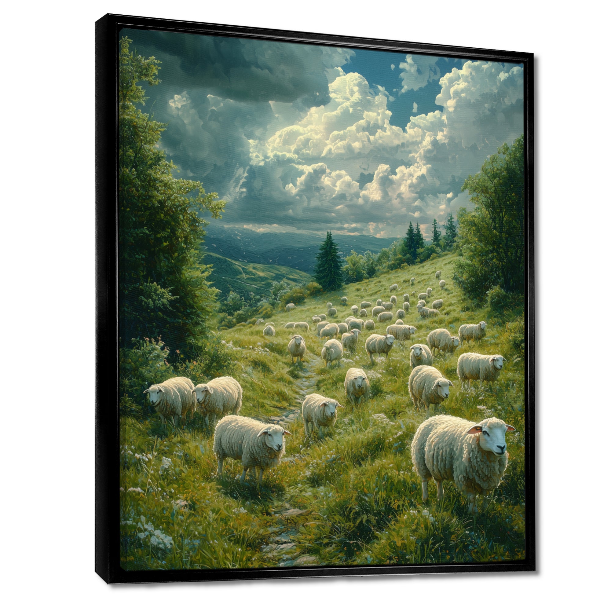 Sheep On The Hillside - Green Sheep Wall Art