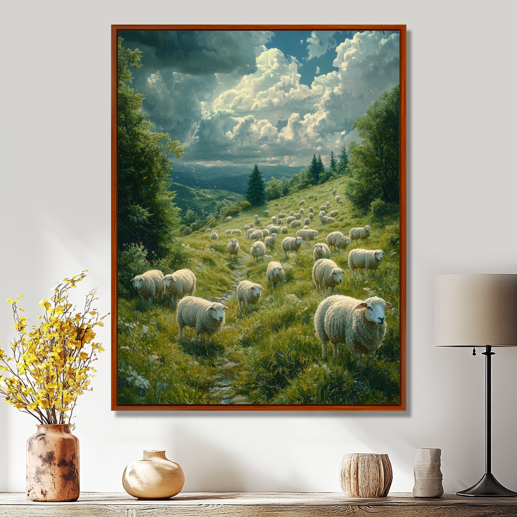 Sheep On The Hillside - Green Sheep Wall Art