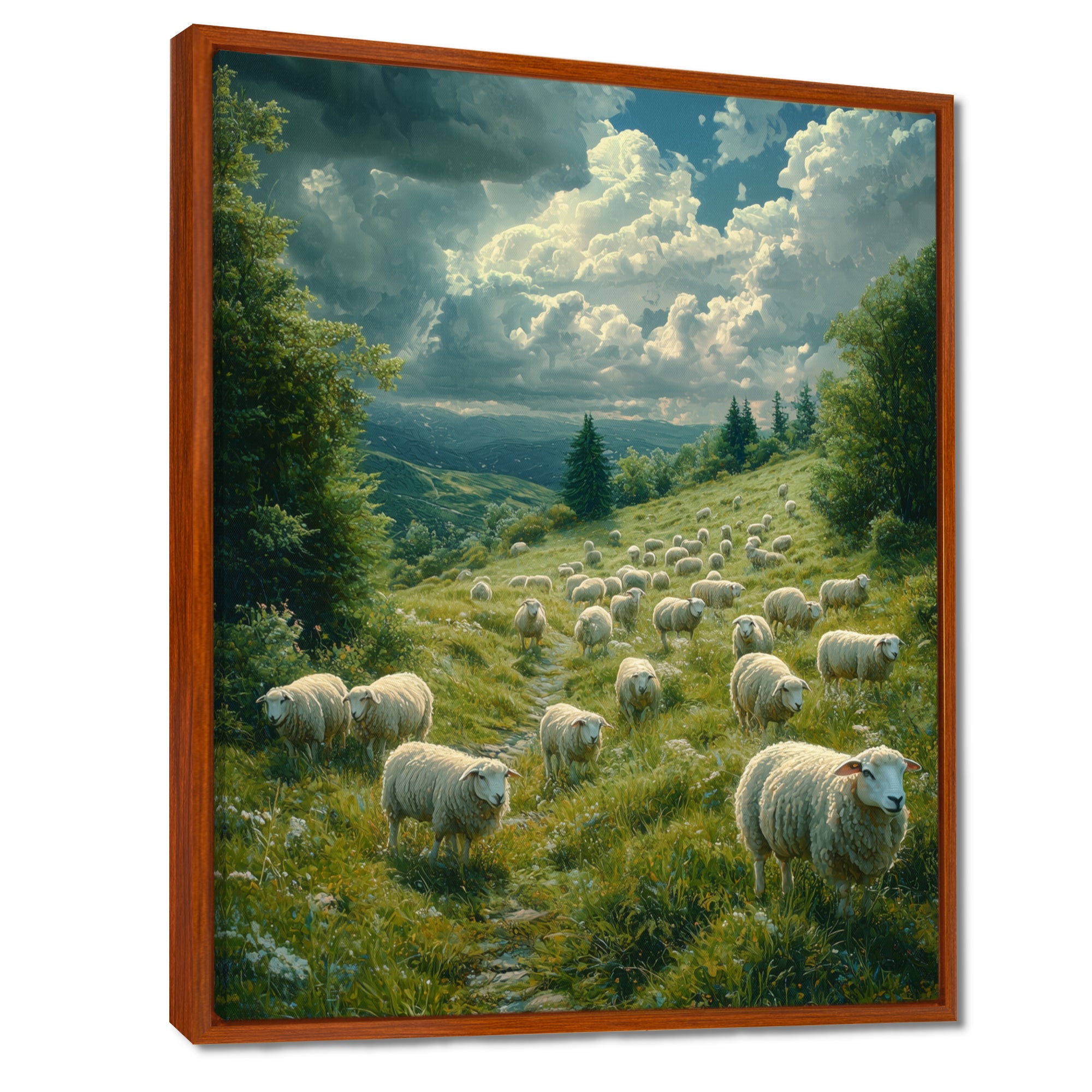 Sheep On The Hillside - Green Sheep Wall Art