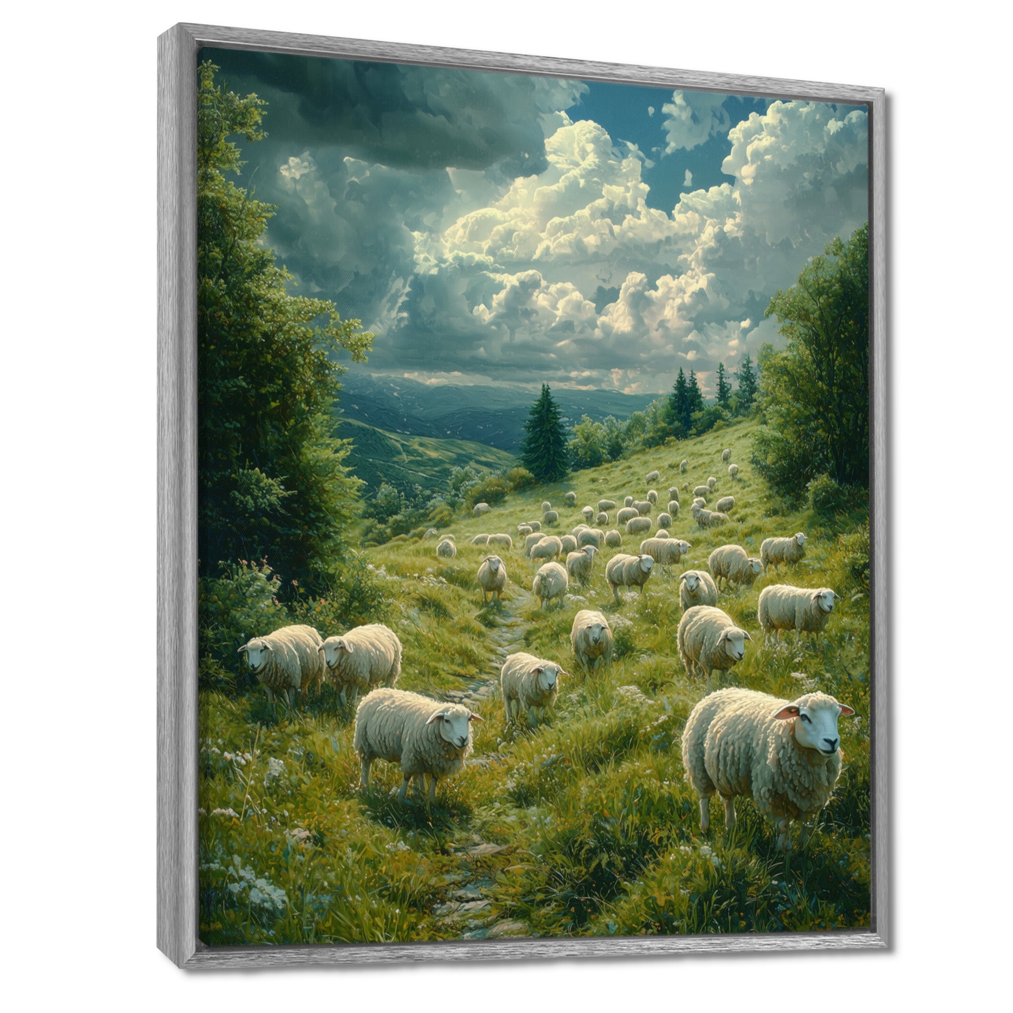 Sheep On The Hillside - Green Sheep Wall Art