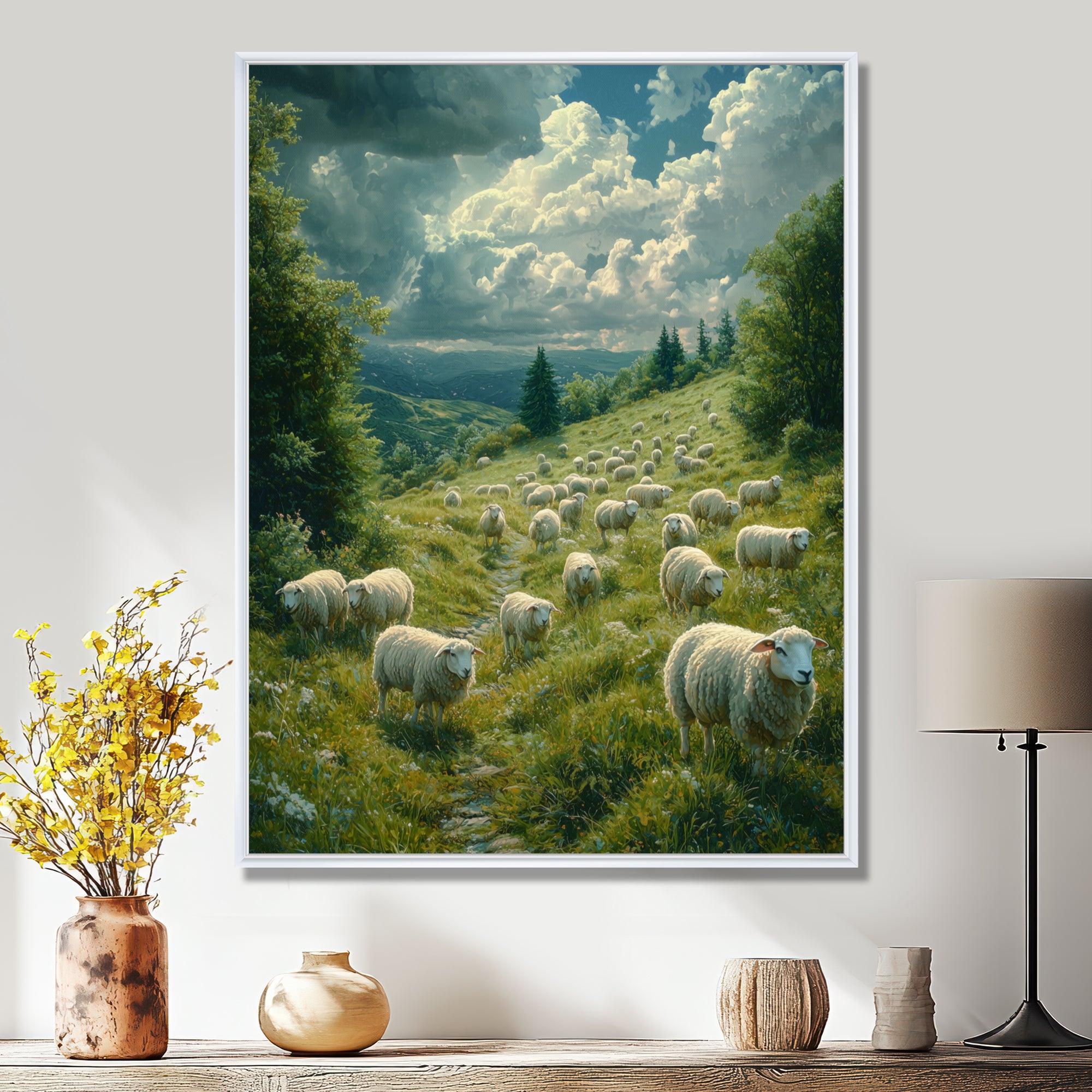 Sheep On The Hillside - Green Sheep Wall Art