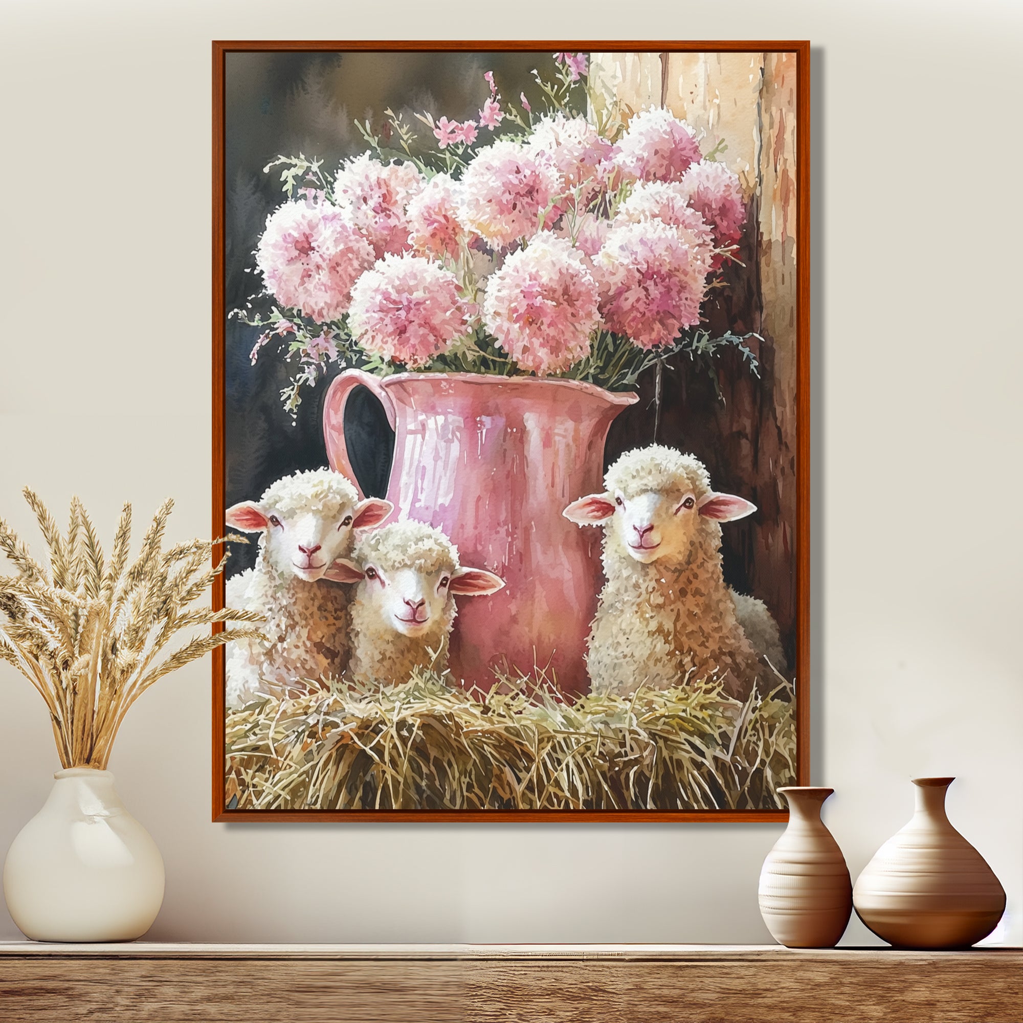 Pink Floral Sheep Portrait At The Barn - Sheep Framed Canvas Art