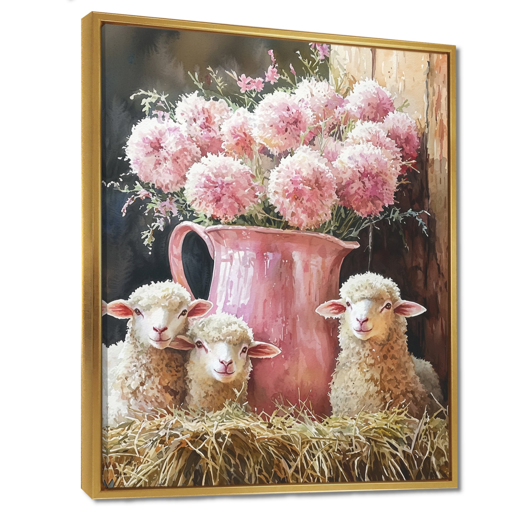 Pink Floral Sheep Portrait At The Barn - Sheep Framed Canvas Art