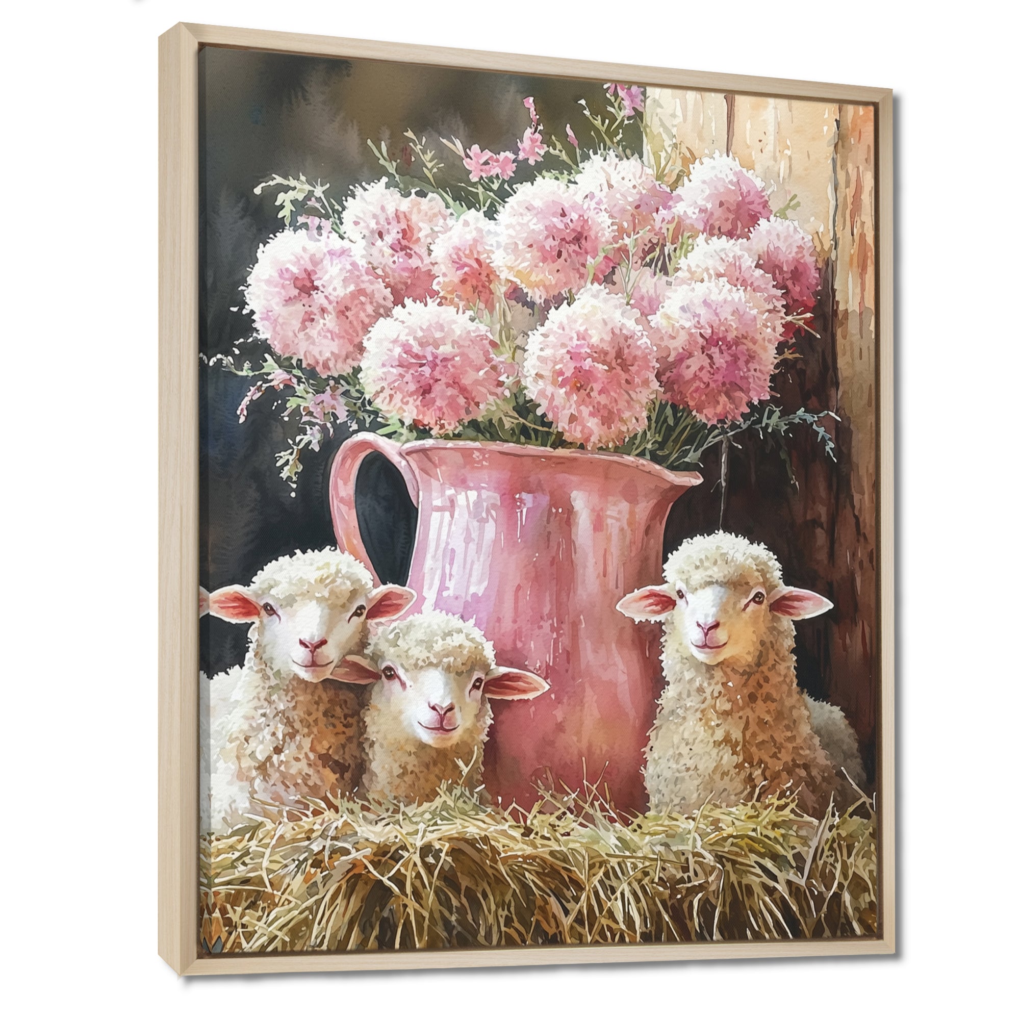 Pink Floral Sheep Portrait At The Barn - Sheep Framed Canvas Art