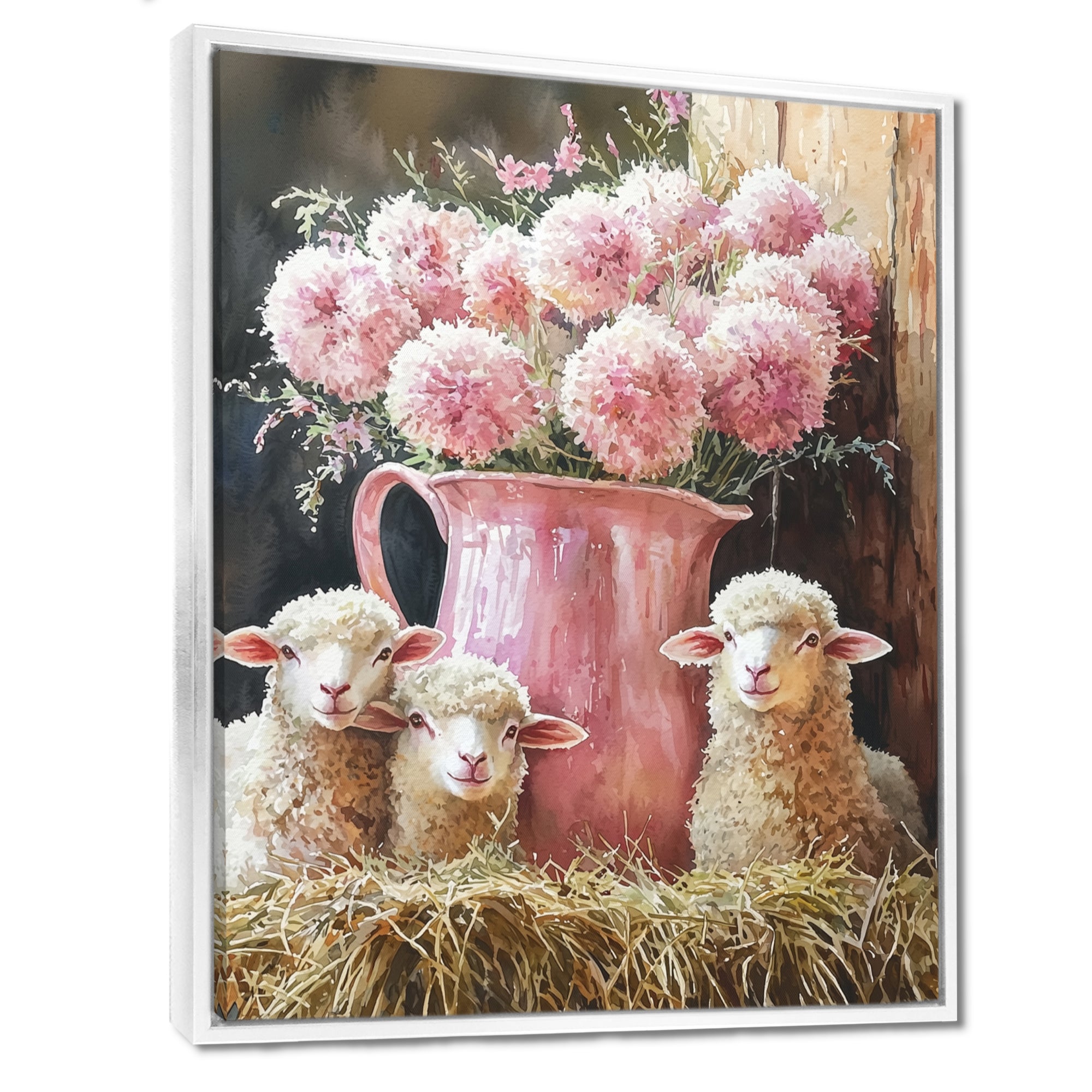 Pink Floral Sheep Portrait At The Barn - Sheep Framed Canvas Art