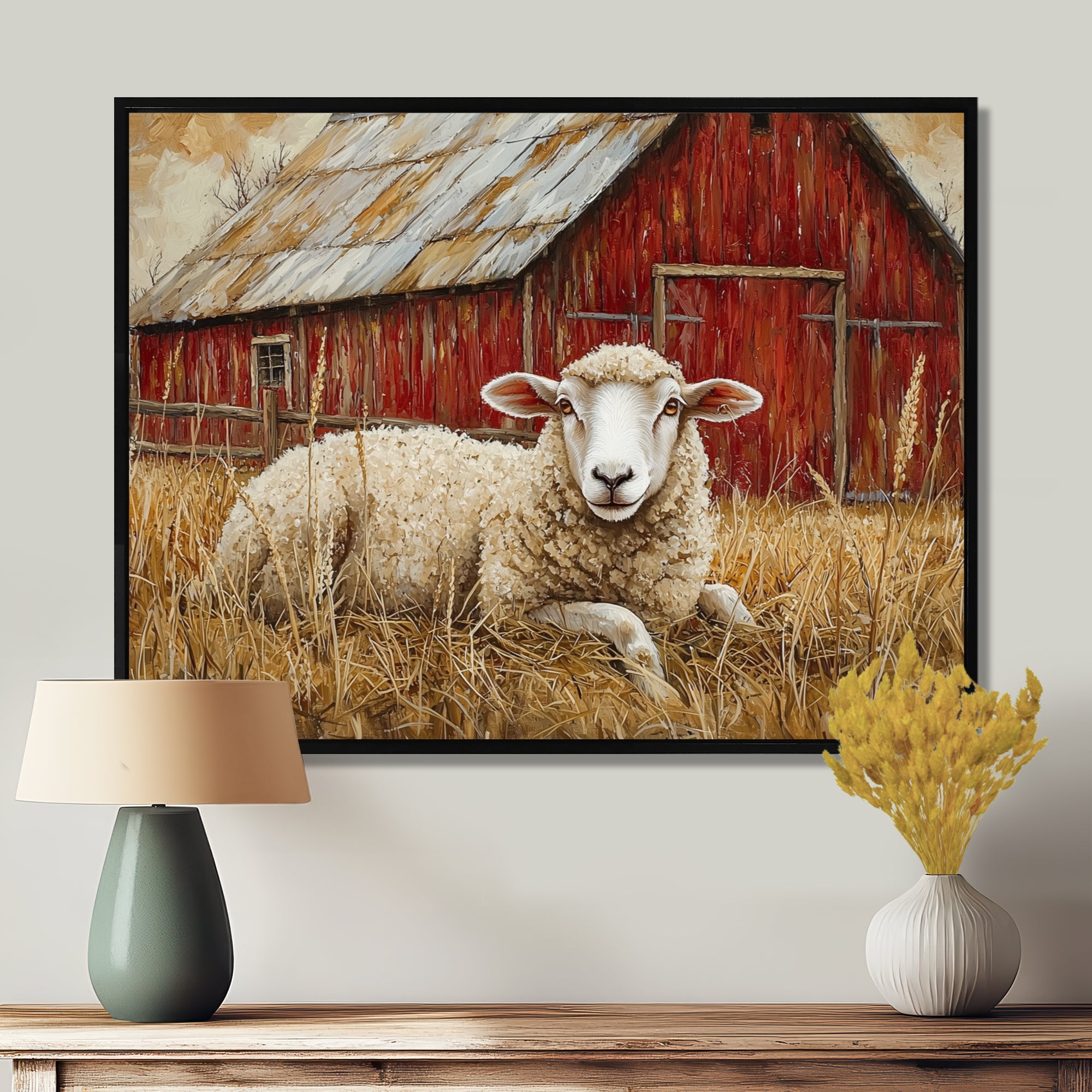 Sheep By The Old Red Farm - Sheep Wall Art Prints