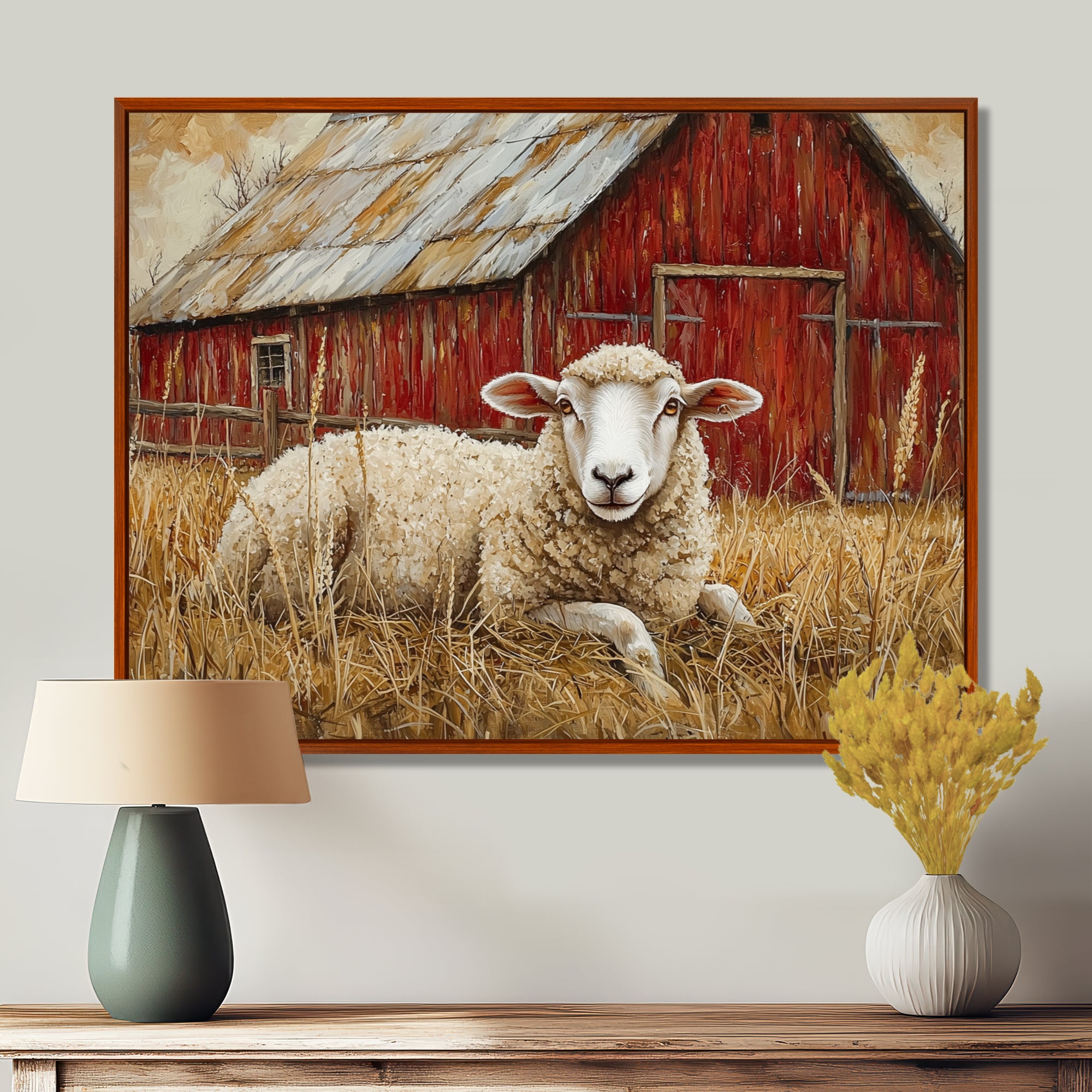 Sheep By The Old Red Farm - Sheep Wall Art Prints