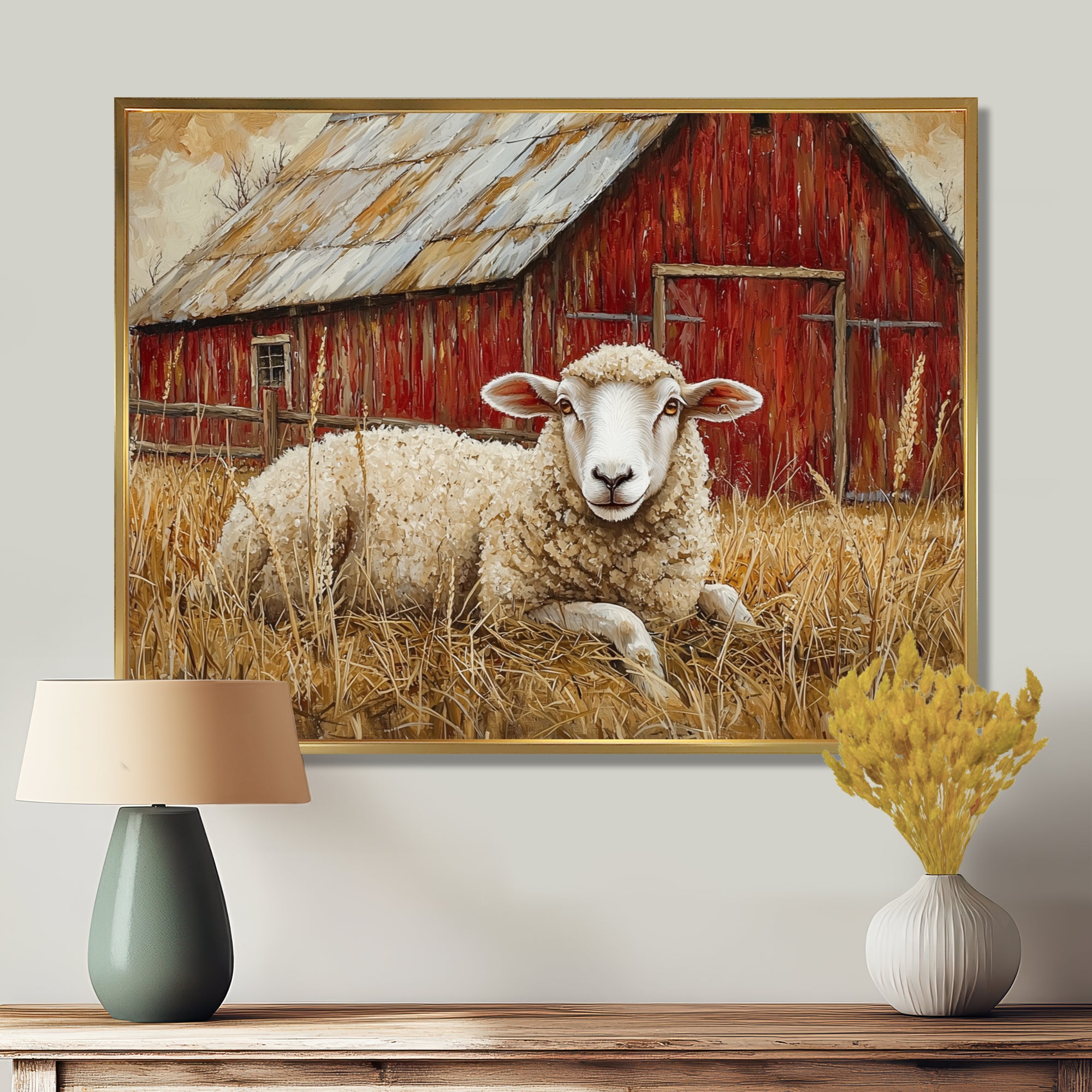 Sheep By The Old Red Farm - Sheep Wall Art Prints