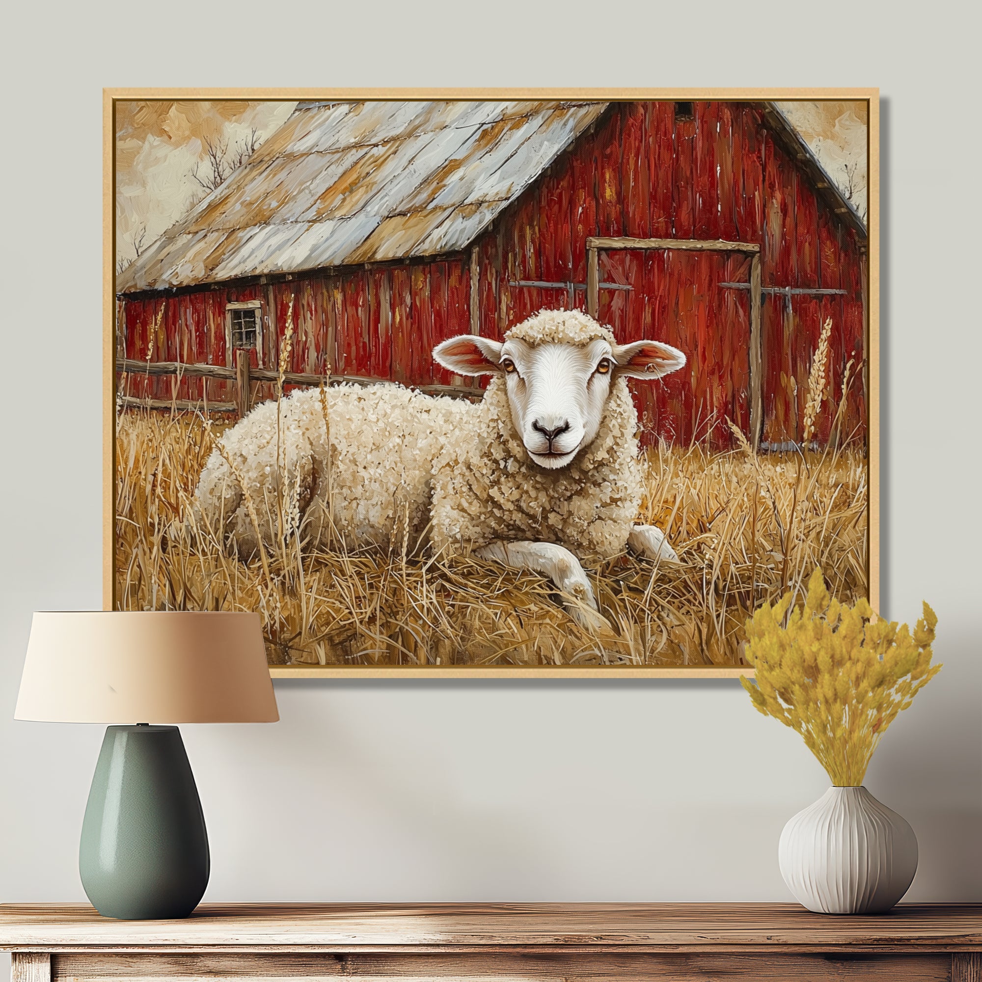 Sheep By The Old Red Farm - Sheep Wall Art Prints