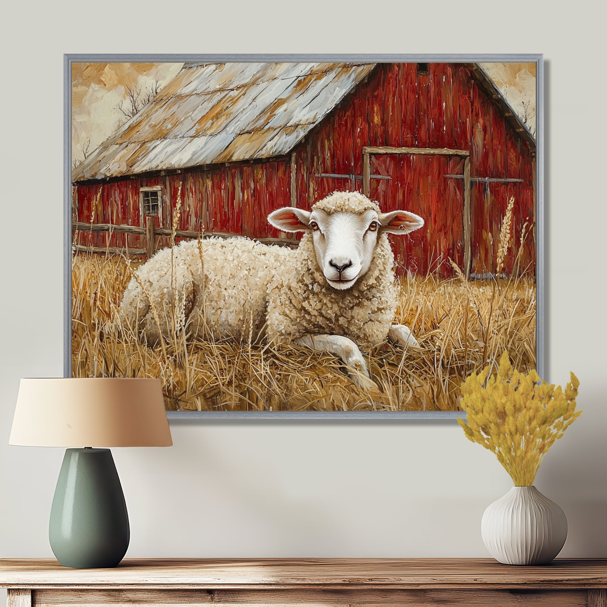 Sheep By The Old Red Farm - Sheep Wall Art Prints