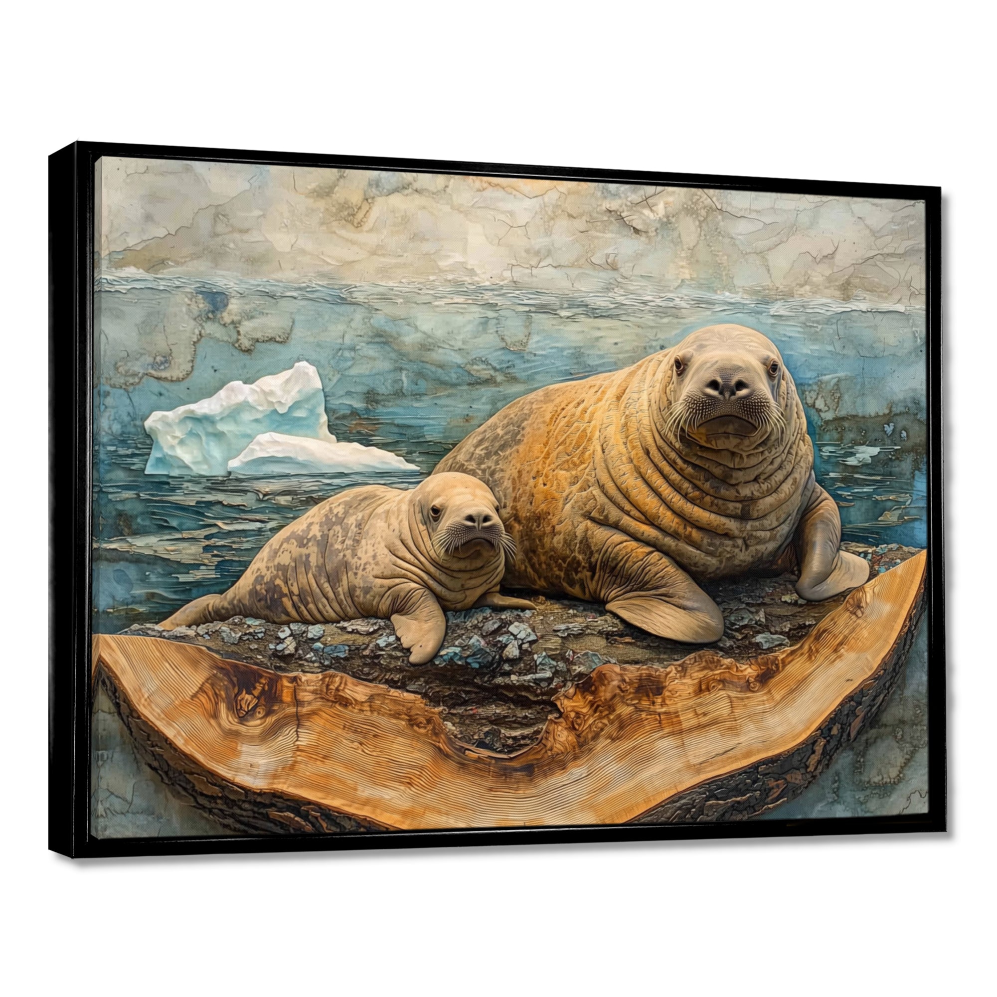 Canadian Walrus Family On A Top Of Wood Slide - Grey Walrus Wall Art