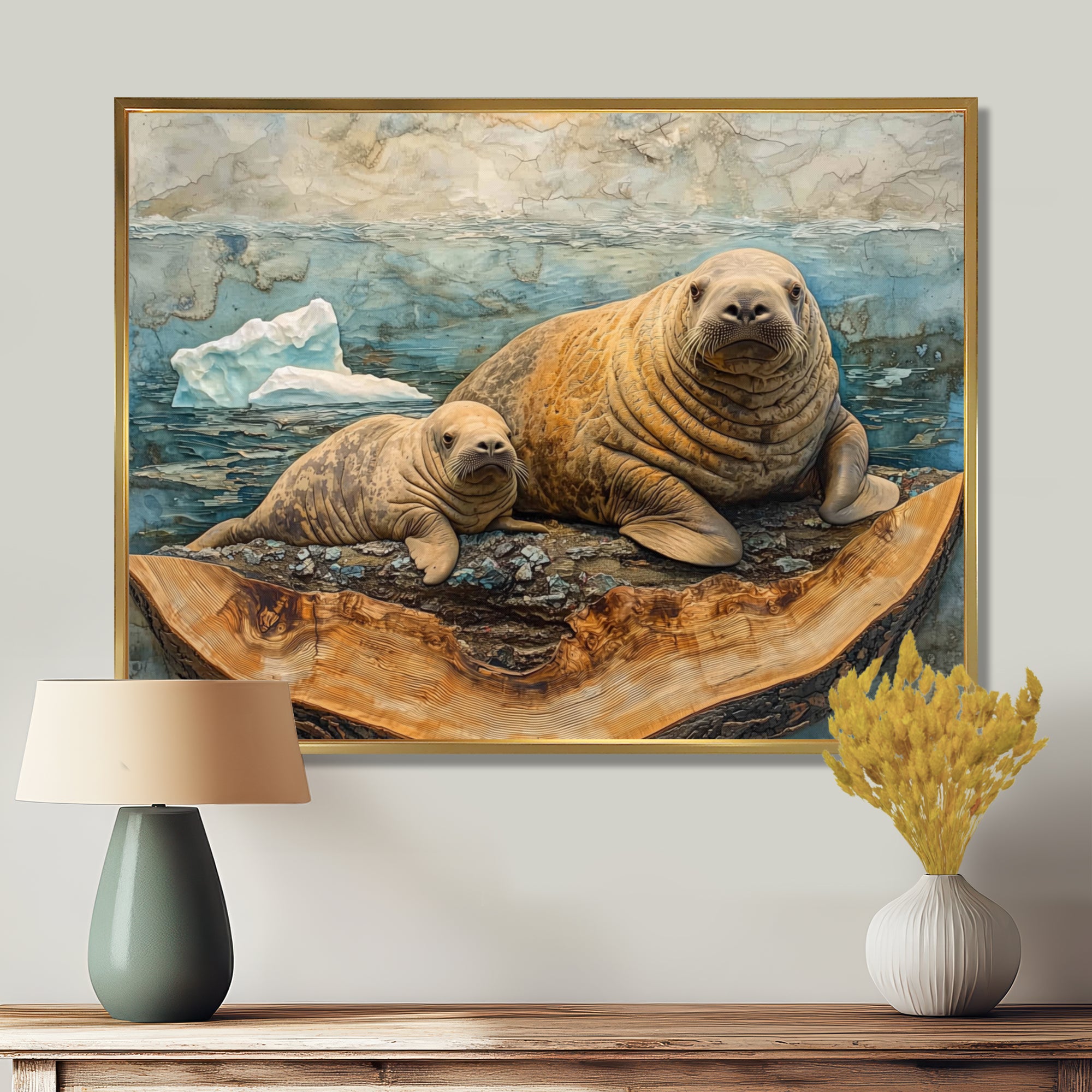 Canadian Walrus Family On A Top Of Wood Slide - Grey Walrus Wall Art
