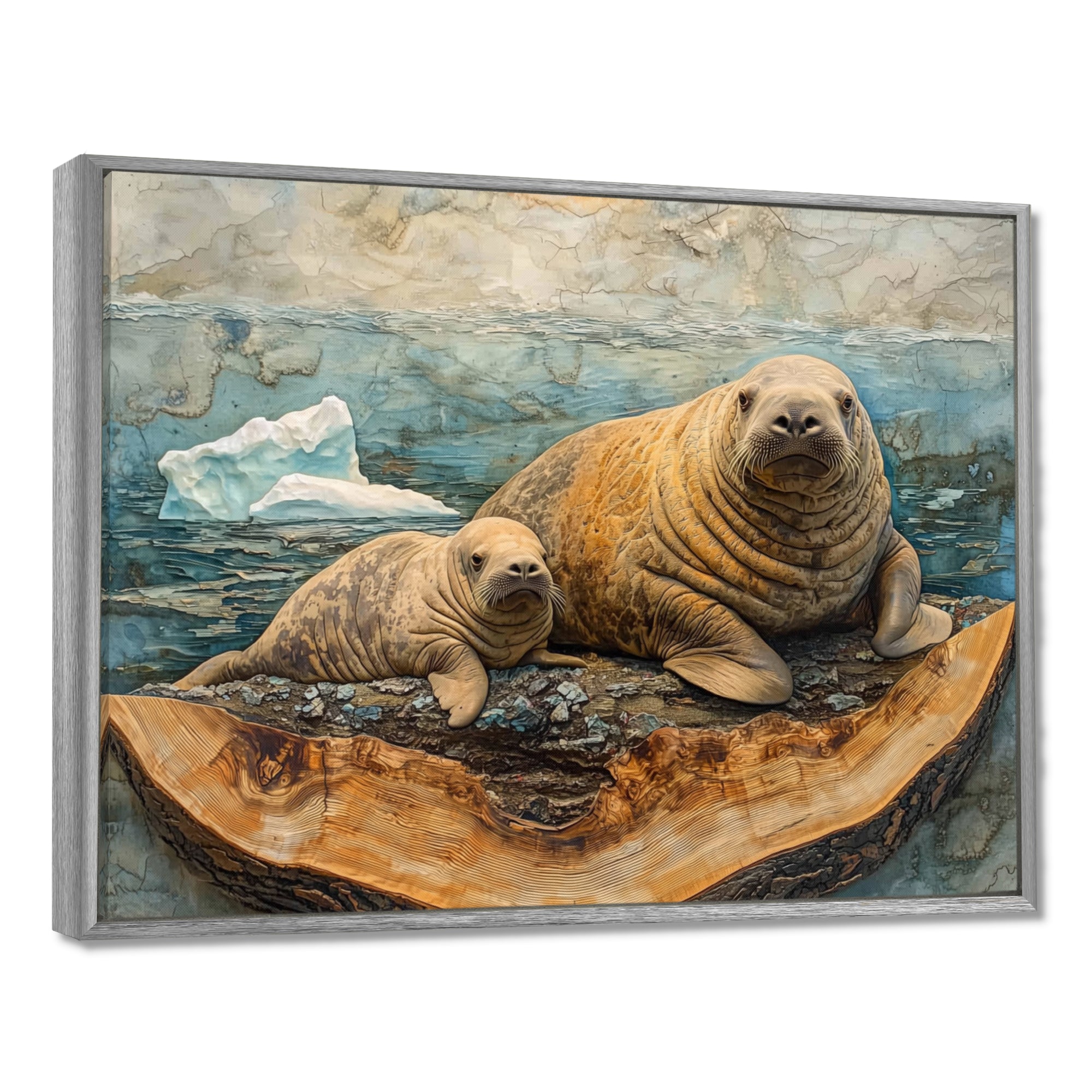 Canadian Walrus Family On A Top Of Wood Slide - Grey Walrus Wall Art