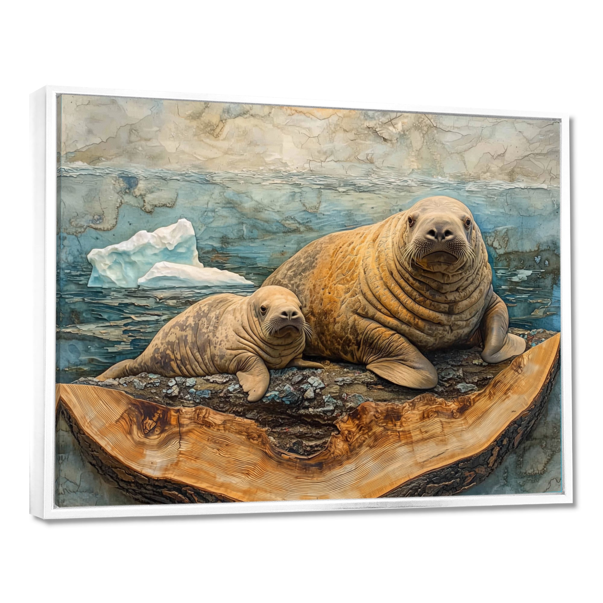 Canadian Walrus Family On A Top Of Wood Slide - Grey Walrus Wall Art