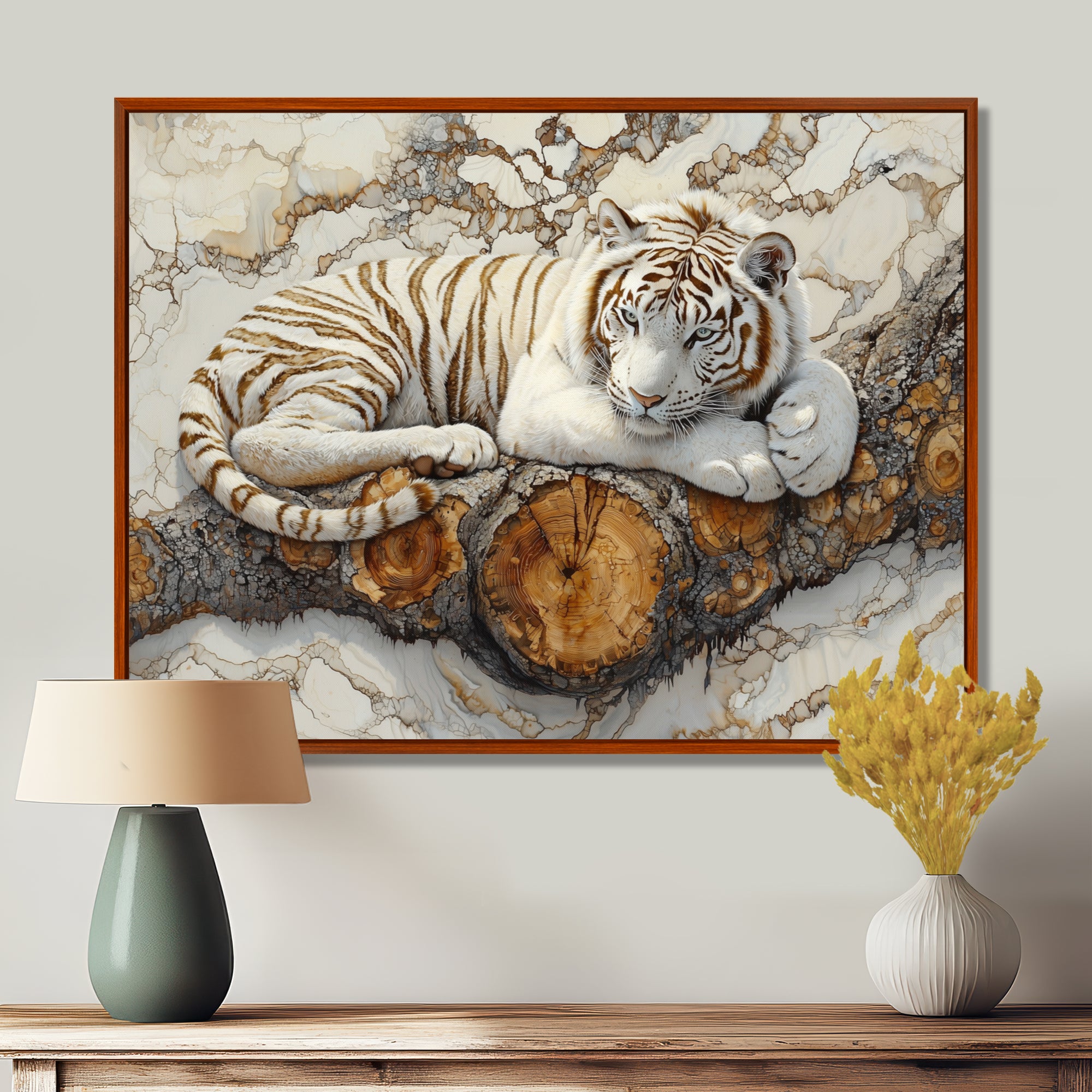 White Tiger In Winter Landscape Crystal - Tiger Framed Canvas Art