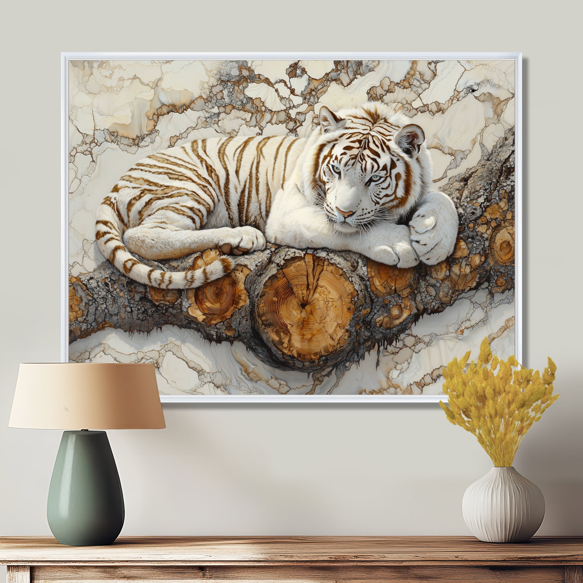White Tiger In Winter Landscape Crystal - Tiger Framed Canvas Art