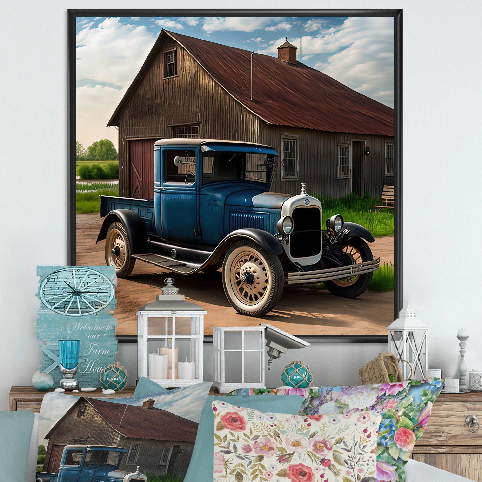 30S Ford Car In Barn II Framed Canvas Vibrant Gold - 1.5"Thick