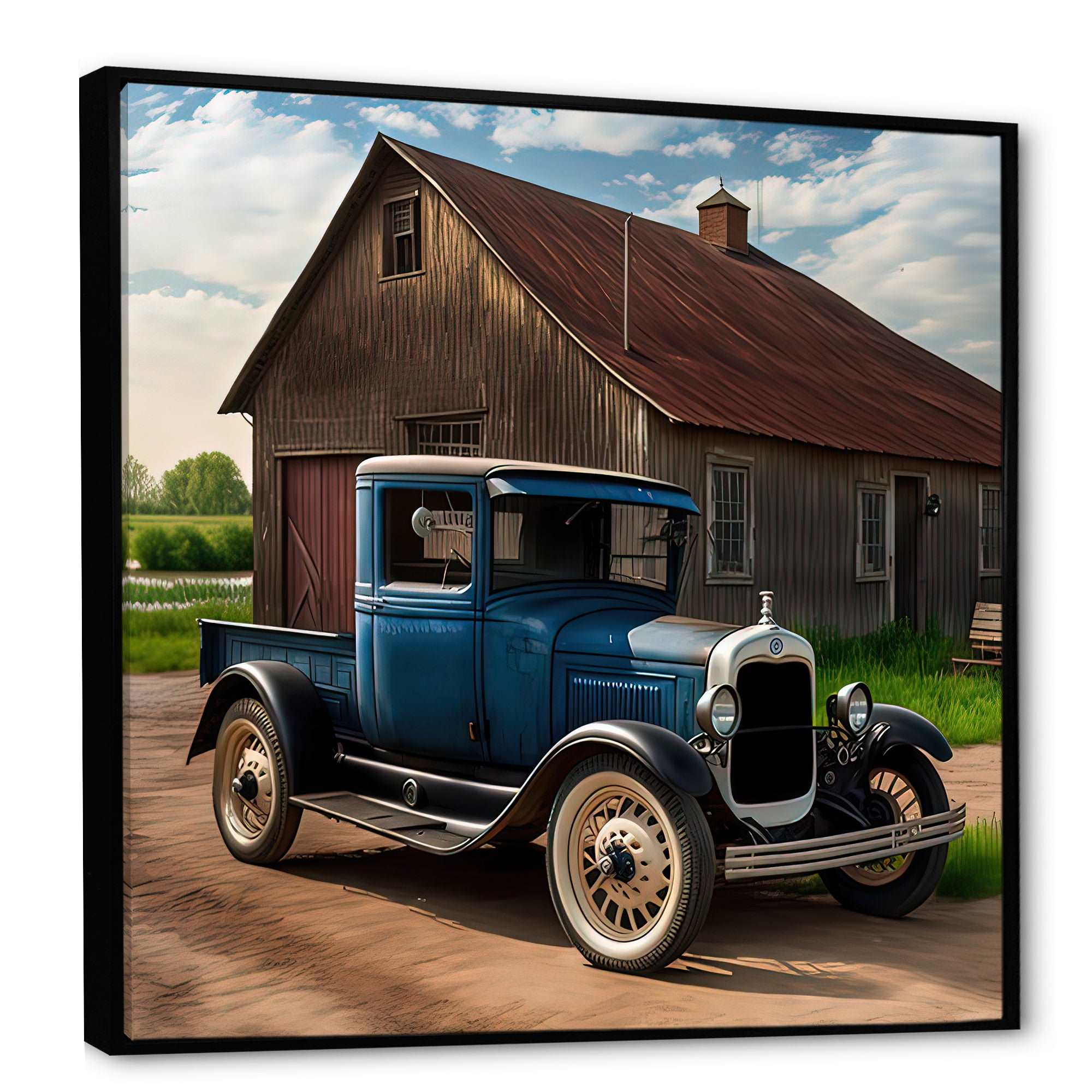30S Ford Car In Barn II Framed Canvas Vibrant Black - 1.5"Thick