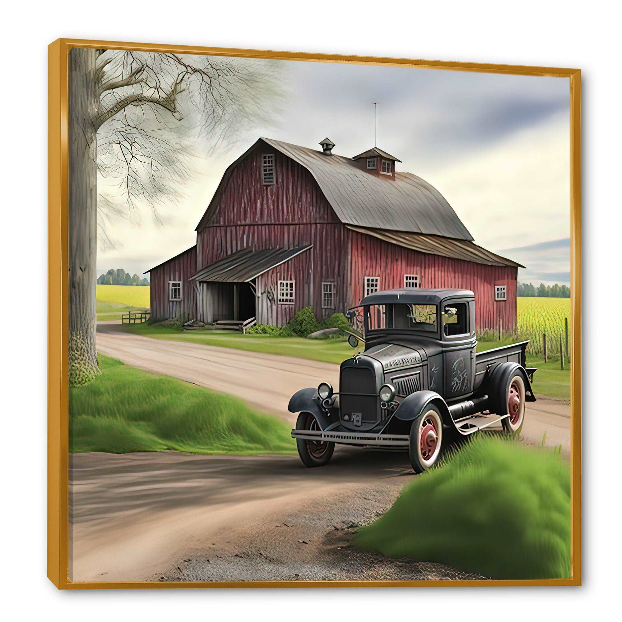 30S Ford Car In Barn III Framed Canvas Vibrant Gold - 1.5"Thick