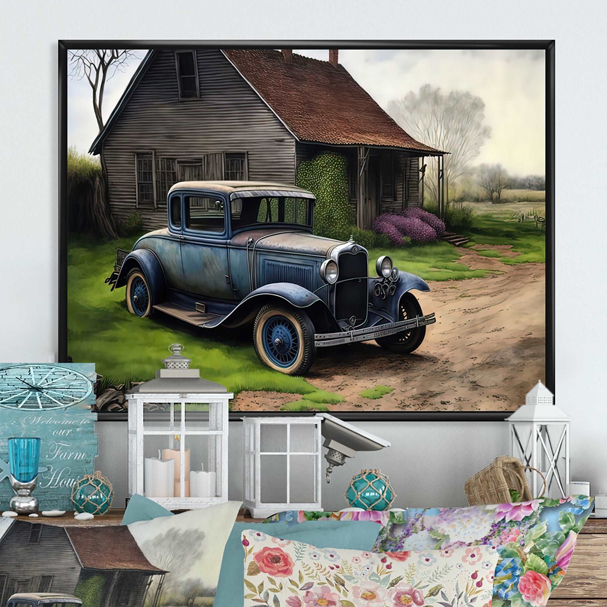 30S Ford Car In Barn V Framed Canvas Vibrant Gold - 1.5"Thick