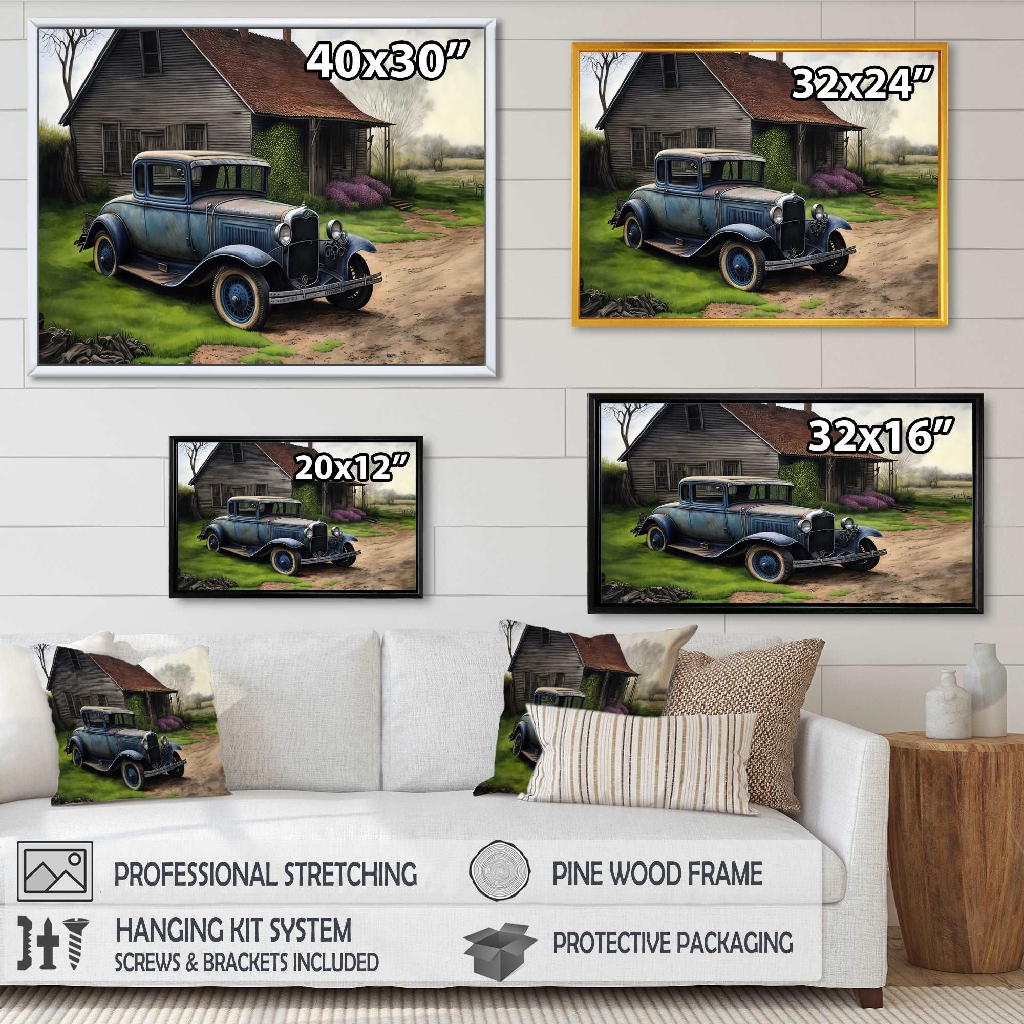 30S Ford Car In Barn V Framed Canvas Vibrant Gold - 1.5"Thick